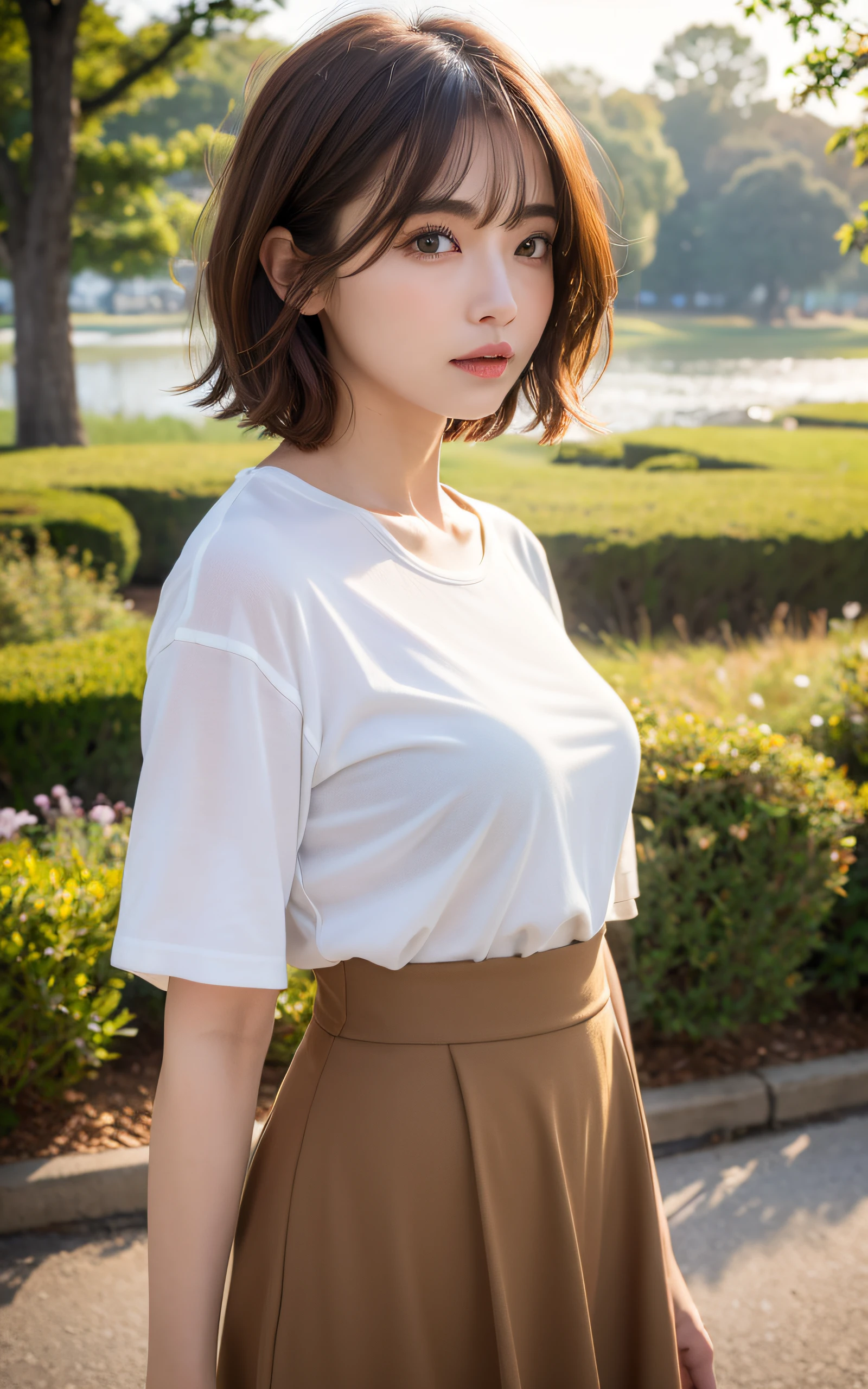 ((top-quality、8k masterpieces:1.3))、(ultra beautiful faces:1.0)、(shinny skin:1.0)、photos realistic、Brown hair, short bob hair, layer cut, her hair is swaying in the wind, Bangs, Video Lighting、High-definition eyes and face、1 japanese girl, Neat and clean beauty, T-shirt, Long skirt, Cute, from the front side、medium breasts、sad, Forest lake with morning mist