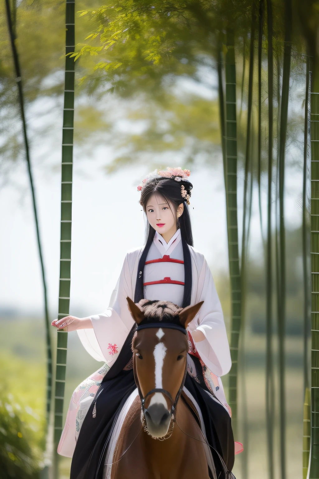 (`Wang Gong`) Wear traditional Hanfu,A woman riding a horse through a bamboo forest。