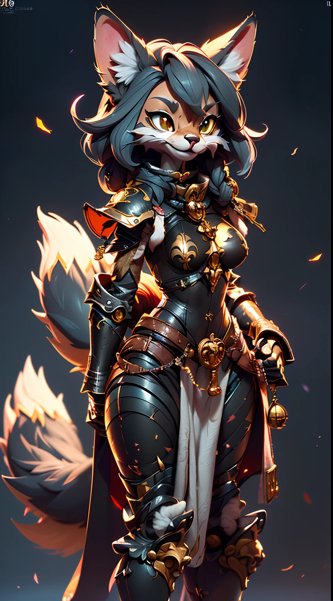 Wide-angle panorama，(Beautiful woman face:1.5), (Cute image standing all over the body:1.5), (Cat-like furry body and cat's paws:1.5), (The paw is on the chin:1.2), (A plump chest), ( anime styled 3d:1.5), Metal armor skirt, Metal armor underwear, (Hairy limbs:1.45), (Very long, Fluffy fox tail:1.45), (Extremely detailed CG Unity 16k wallpaper:1.3), Dynamic Angle, the golden ratio, (tmasterpiece:1.37), (Detailed:1.15), Cinematic light, Side lighting, hdr, Perfect iris, (Applause), Lifelike texture, （realisticlying：1.37）, (happy laughing:1.1), Ray tracing, hyper HD, (Best quality:1.13)