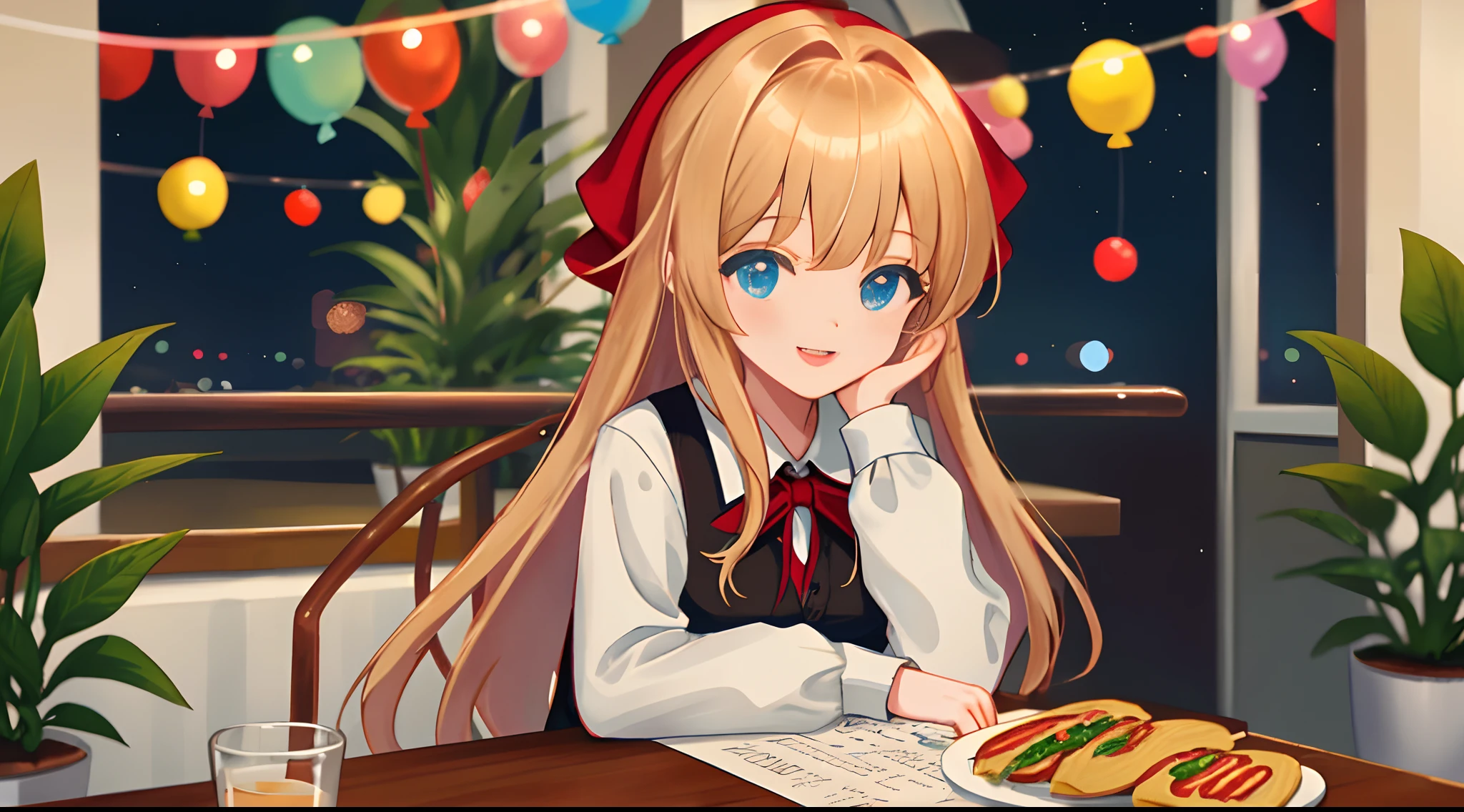 A cute girl with long hair sits in the restaurant,panini,Balloon arrangement,a plant,gogo,cheerfulness,Rejoice,Festive atmosphere,morning,Perfect quality,Clear focus(Clutter - home:0.8), (tmasterpiece:1.2) (realisticlying:1.2) (Bokeh) (best qualtiy) (detailedskin:1.3) (complexdetails) (8K) (detailedeyes) (Sharp focus),(having fun)