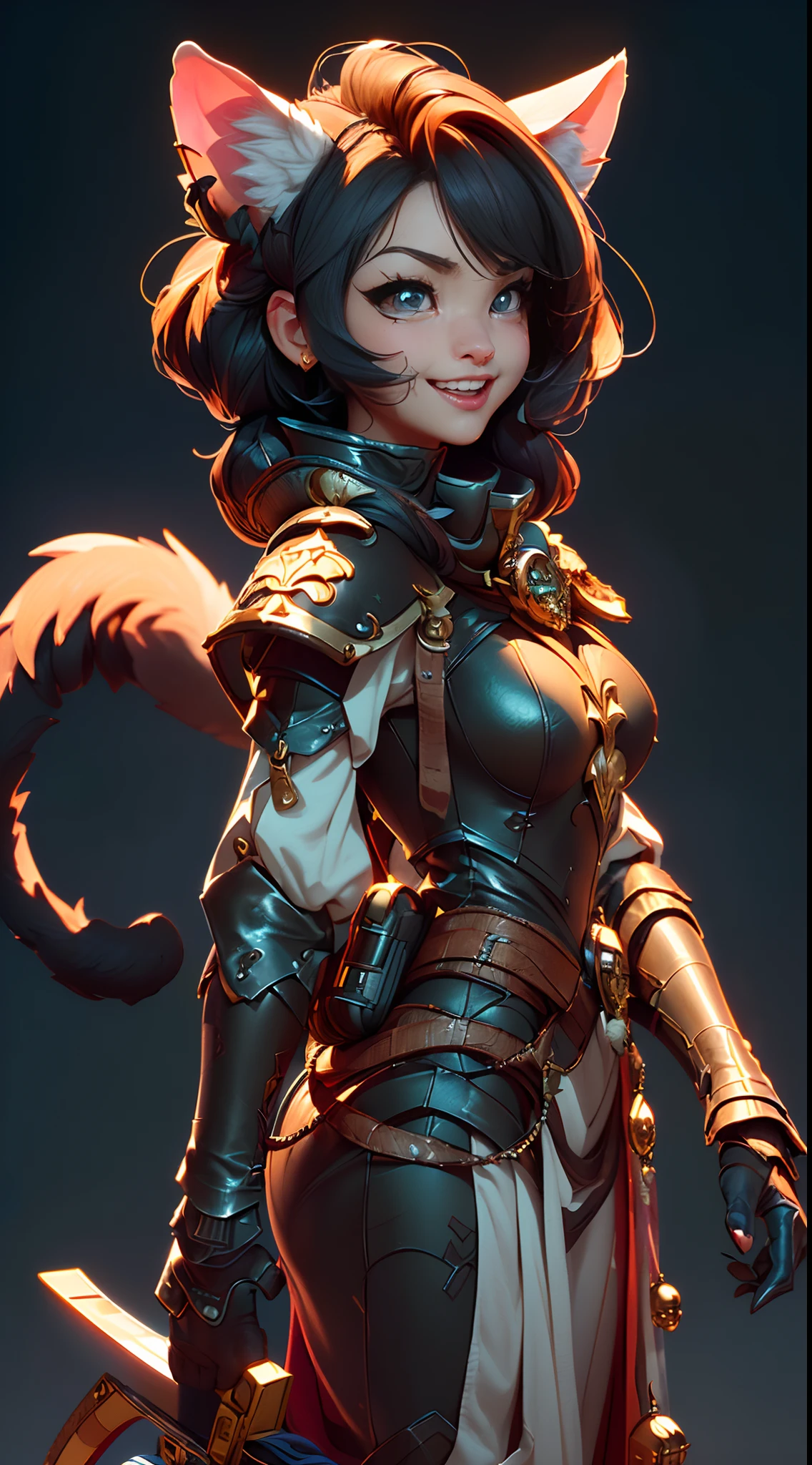 Wide-angle panorama，(Beautiful woman face:1.5), (Cute image standing all over the body:1.5), (Cat-like furry body and cat's paws:1.5), (Holding a heavy sword in his hand:1.2), (A plump chest), ( anime styled 3d:1.5), Metal armor skirt, Metal armor underwear, (Hairy limbs:1.45), (Very long, Fluffy fox tail:1.45), (Extremely detailed CG Unity 16k wallpaper:1.3), Dynamic Angle, the golden ratio, (tmasterpiece:1.37), (Detailed:1.15), Cinematic light, Side lighting, hdr, Perfect iris, (applause), Lifelike texture, （realisticlying：1.37）, (happy laughing:1.1), Ray tracing, hyper HD, (Best quality:1.13)