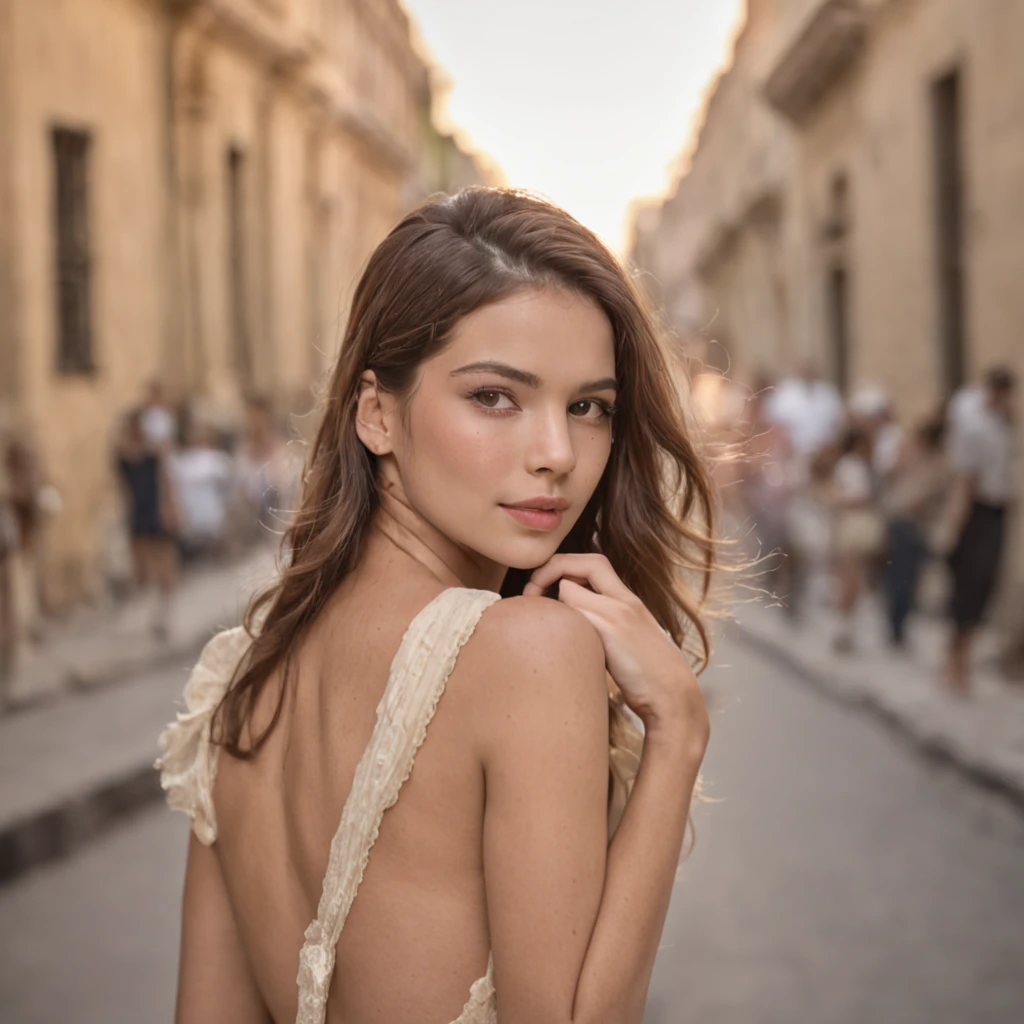 imagen de cuerpo completo, sexy mujer latina, piernona, caminando por una calle de cuba, luz natural, al atardecer, la gente a su alrededor la mira