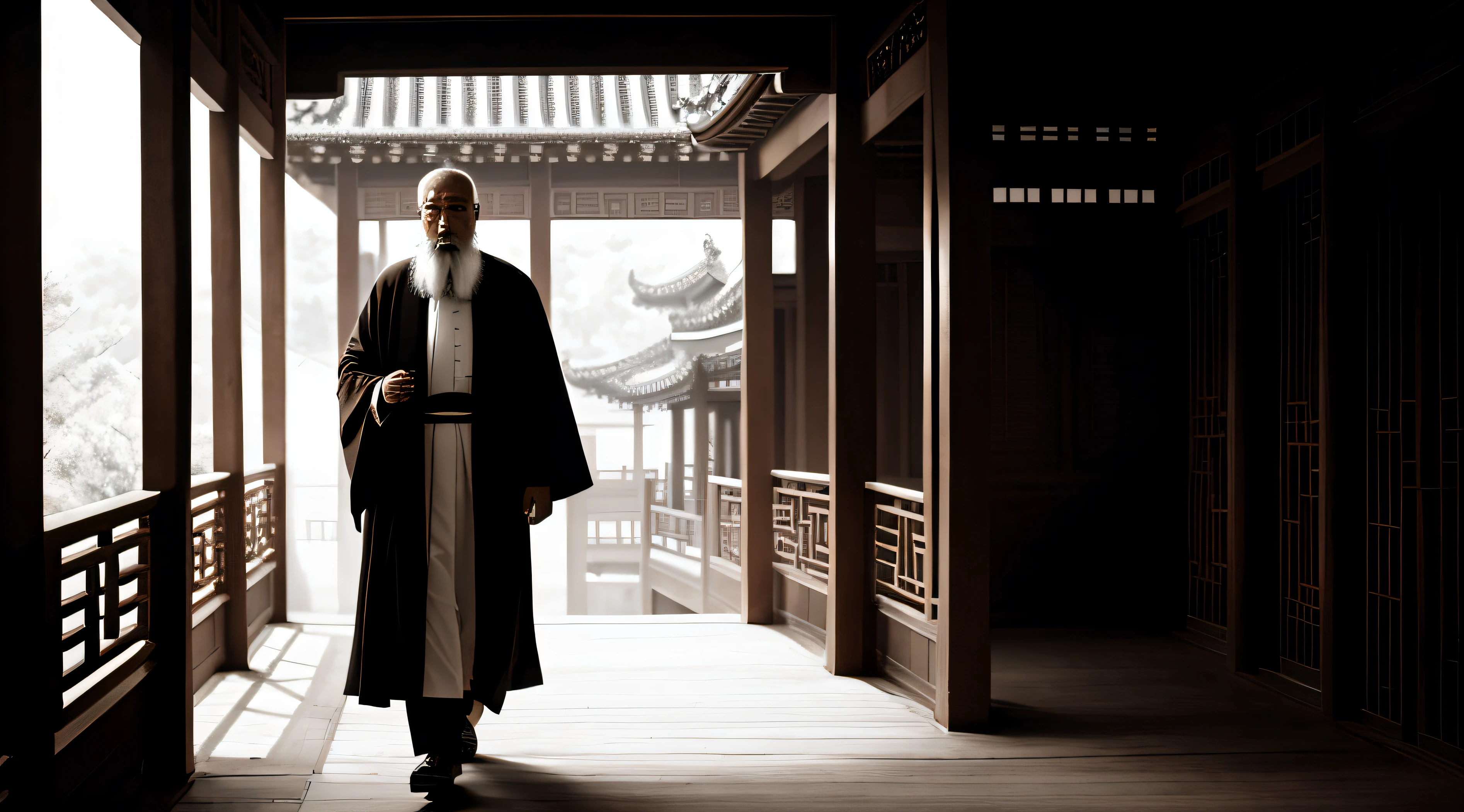 Acáis media, dark ambience, particles in air, sepia portrait of a very old and wise chinese monk, walking in chinese garden, open eyes, wide full body shot, [dressed in white], long hair and beard, detailed clothes features, grainy cinematic photography, old 35mm film, vintage, iconic shot, dramatic soft light, 18k ultra HD, intimate