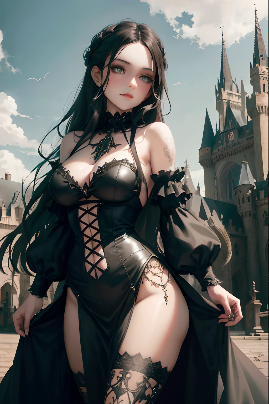 Black lingerie posed by Gothic woman in front of castle, fantasyoutfit, black-haired mage, Guviz-style artwork, dark fantasy style, fashionable dark witch, beautiful and seductive anime woman, Yennefer, Fantasy art style, beautiful female witch, yennefer of vengerberg, beautiful female witch, Elegant Gothic princess
