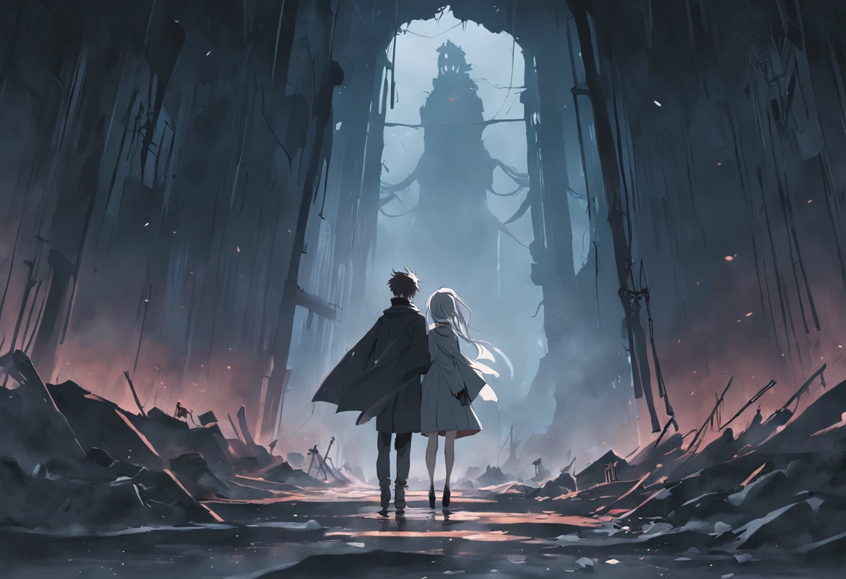 A male student in a student uniform and a female student in a trench coat face away from the photo,Walk through vast ruins,Under a black sky,In the distance, There is a fuzzy black monster in the fog。