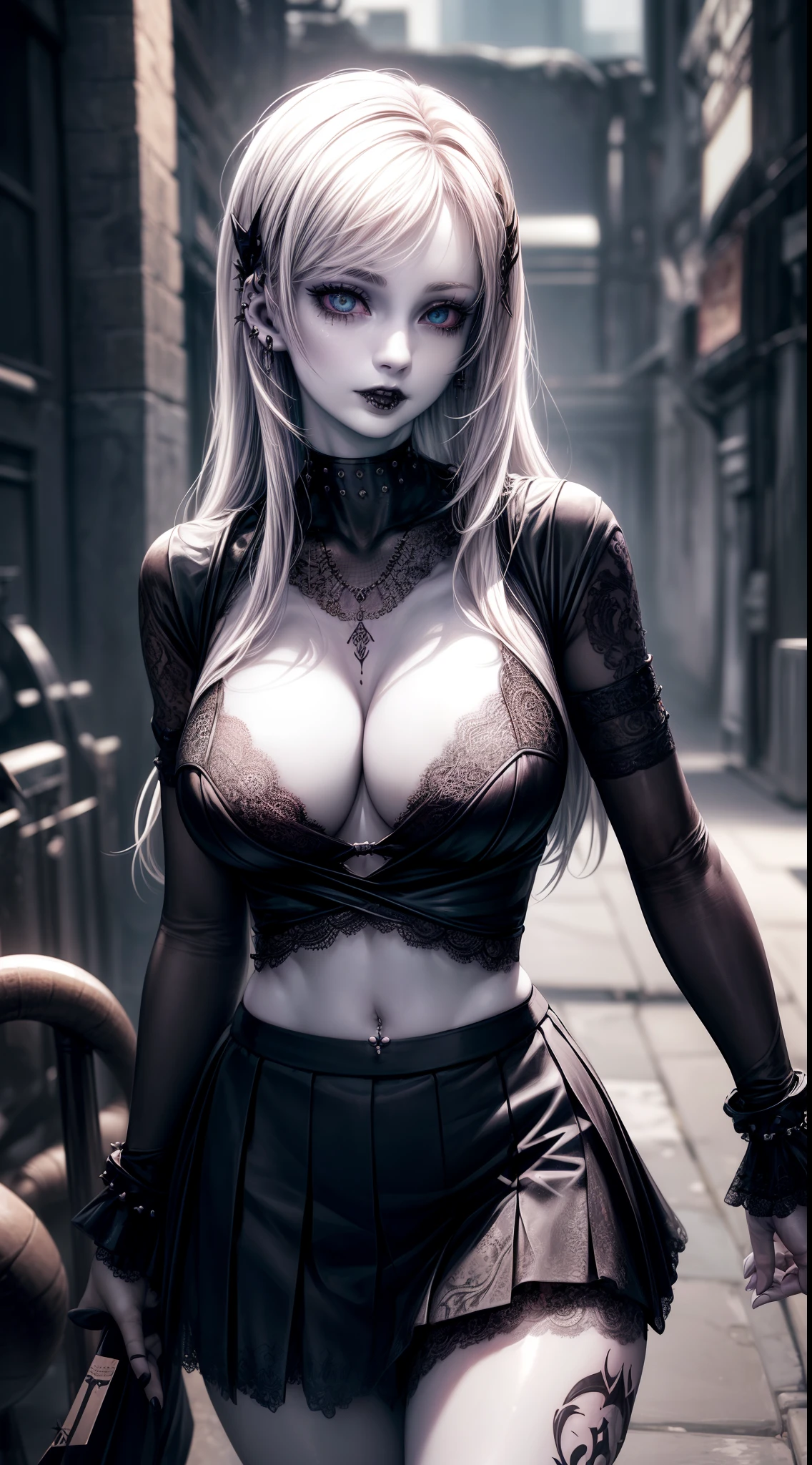 (necromance:1.2) girl, 1girl, perfect and well designed shiny eyes, (beautiful detailed emerald marsh eyes:1.05), natural breasts, slim body, beautiful and delicate face, (face detail), ((realistic face)), pores, ((pale skin)), detailed skin, realistic skin, medium length hair, hair voluminous, super high resolution, 8k, parameters Best quality, (masterpiece:1.4), (magic accessories:1.4), bracelets, necklaces, dark extremely detailed thick tight ((lacy silk clothing:1.3), (lacy wrap dress:1.2), (lycra kimono:0.8),(wild goth skirt:1.5)), shabby hood ruffles coat, embroidery and lace, jewelry ornaments, hair ornament, (neckline:1.3), (cleavage), decolette, navel, Young Girl, Little Beast, (crazy:0.7) Smile, (Pale Skin:2.0), (19 Piercings:1.6), ((tattoos all over body, Tribal tattoos all over legs)), surrounded by darkness, (Darkness:1.2), Dark Fantasy, ultra detailed, photorealistic, ((Real image)), (best quality:1.4), super high resolution, (Realistic 2.0), More details, (full body portrait), (((1girl))), (witchcraft:1.5), magic energy flows and sparkles, (futurism:1.4), (cyberpunk:1.2), (magic technologies:1.3), (beautiful and aesthetic:1.2), (fractal art:1.4), (cinematic light:1.1), DUTCH ANGLE, 16K, HDR, RTX, Ray Tracing, Radiosity, Anisotropic Filtering, Subsurface Scattering, (((magic lights))), metallic reflections, Detailed, Realistic, 4k highly detailed digital art, (cool_color), extremely detailed CG unity 8k wallpaper, vibrant colors
