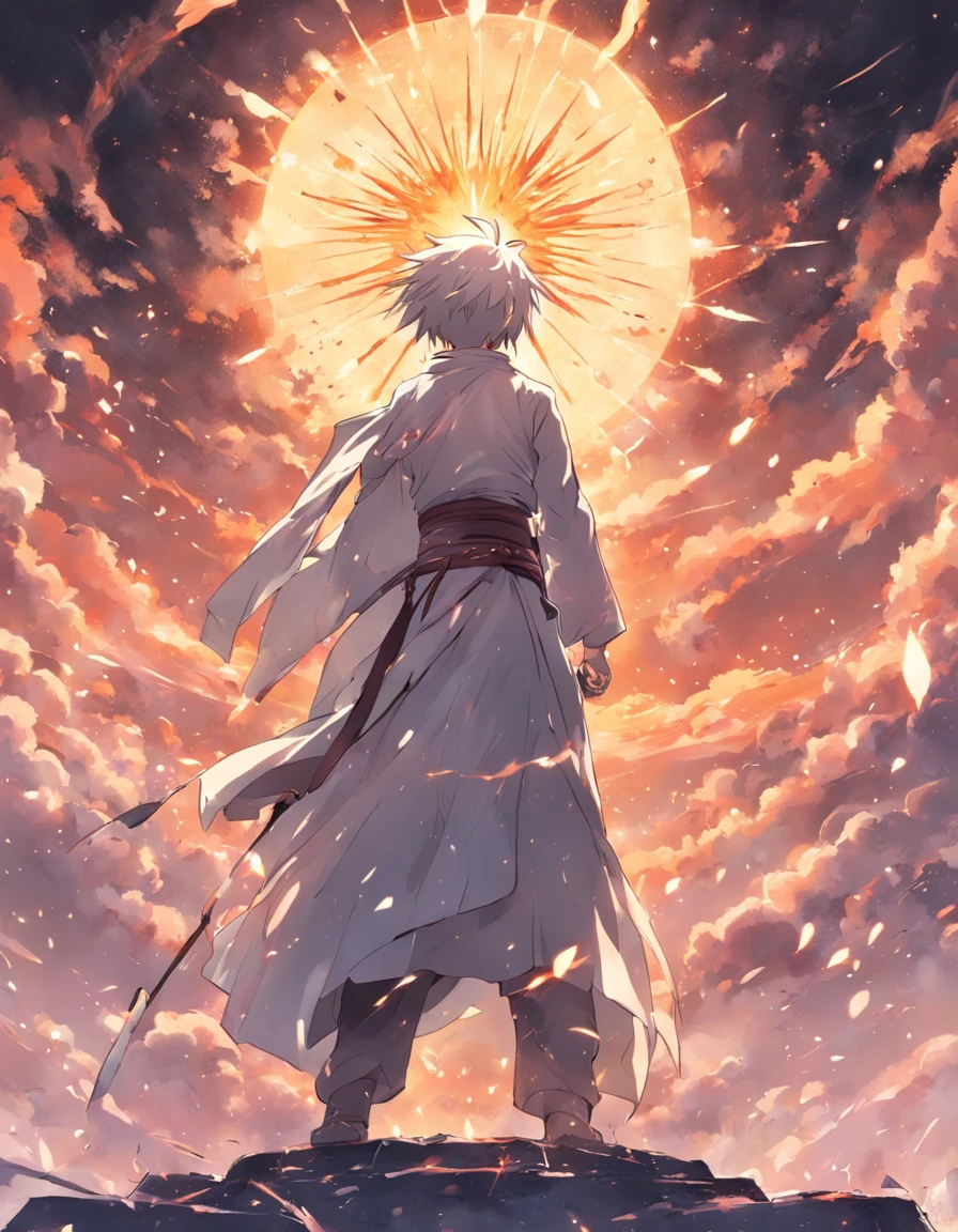 A small white-clothed swordsman stood at the top of the sky,Behind him stood the brilliant sun。