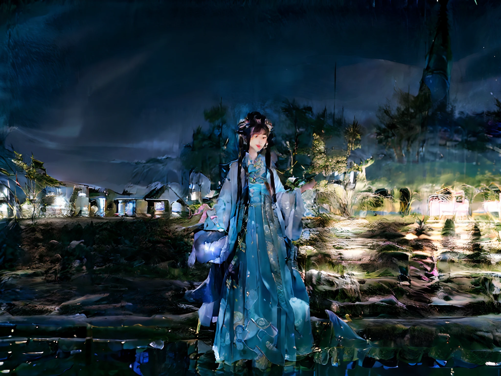 Arafeld girl wearing a crown stands on a bridge overlooking the city, queen of the sea mu yanling, during night, China Princess, neon jellyfish headdress, with the city as the background, jellyfish headdress, Chinese girl, wearing an elaborate helmet, Gorgeous lady, chinese empress, jellyfish shrine maiden 8k, at future neon light rooftop