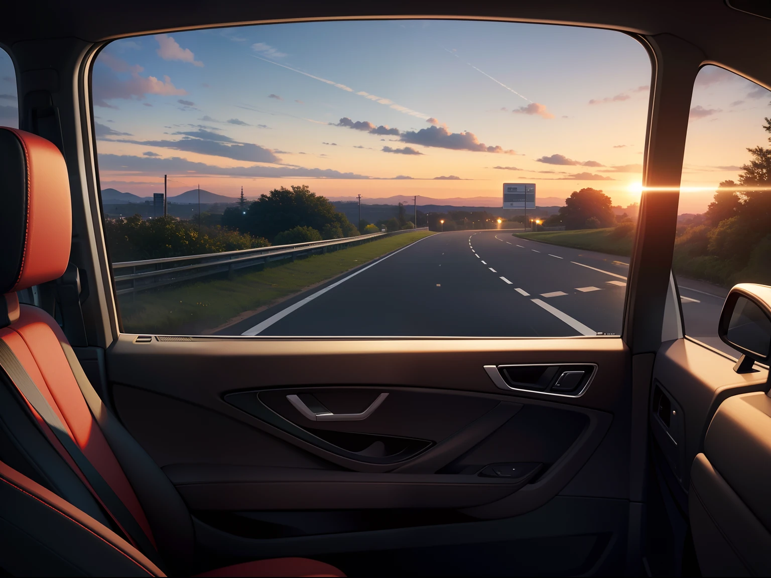 the setting sun,evening light,view from long distance,realisticlying,plethora of colors,Gorgeous and colorful,Shoot at night,positive,natural style,hdr shot,Inside the car,Look inside the car,Sunset directly ahead,Faraway view,Blurred foreground,Ultra-clear details,Ultra photo realsisim,telephoto lenses