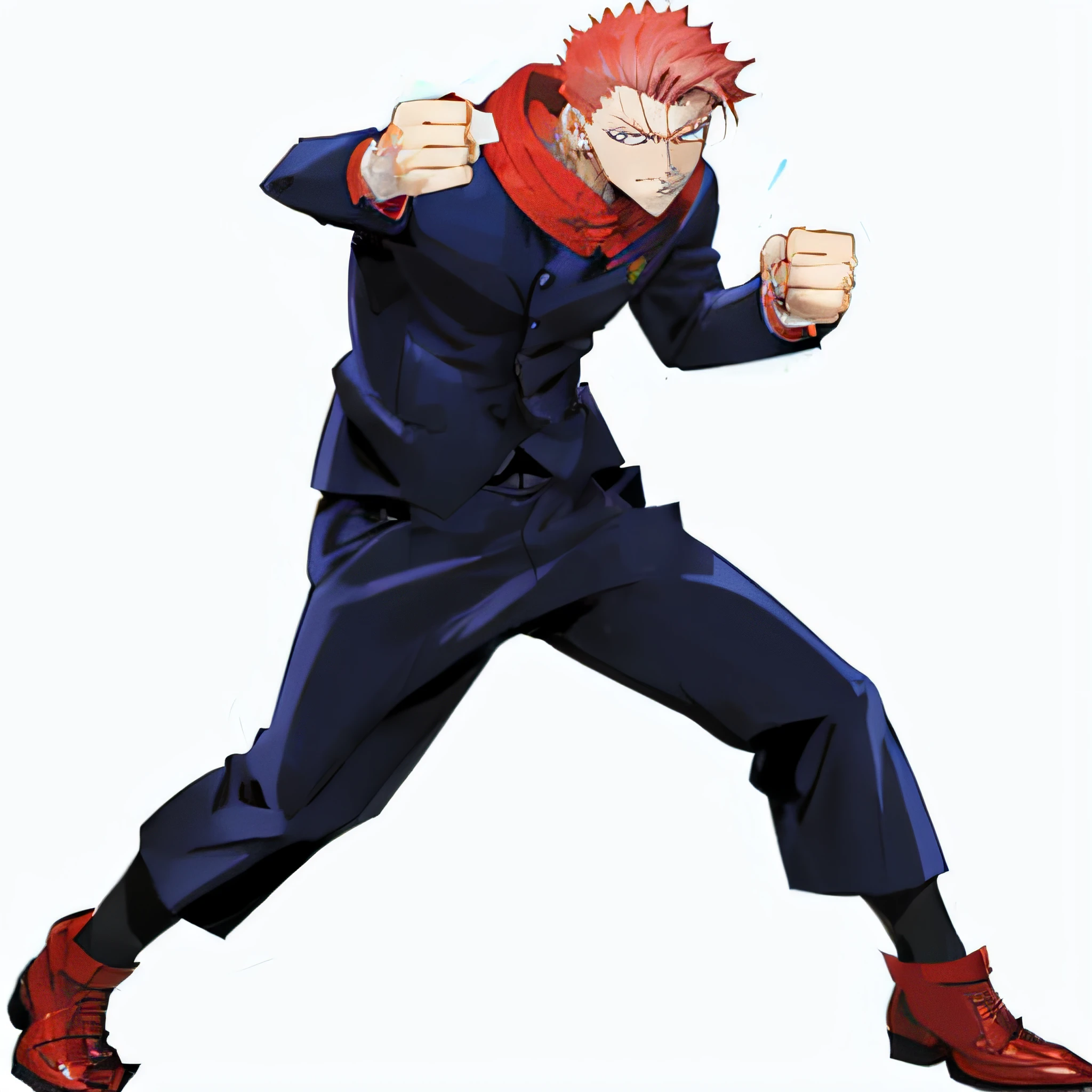 Man in blue suit and red shoes is punching, Official art,Sekijutsu Kaisen, Official Character Art,official artwork, fullllbody!! Dynamic Action Pose