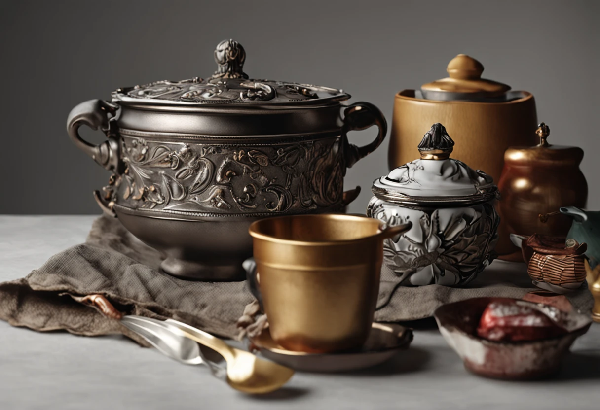 Detailed pre-delivery view of still life and cutlery, Cooking Pot, saucepan, ceramic pot,flask, flasks, Decorative marble figurines, Flowers, etc. Neutral background, Cinematic lighting, contrasty lighting, Digital SLR, Photorealistic, Hyperrealistic, Lifelike texture, insanely intricate details, Amazingly fine detail, ultra - detailed, Sharp focus, 超高分辨率, Baroque oil painting style