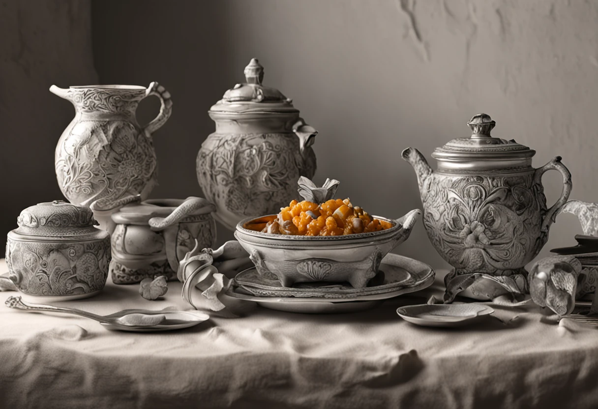Detailed pre-delivery view of still life and cutlery, Cooking Pot, saucepan, ceramic pot,flask, flasks, Decorative marble figurines, Flowers, etc. Neutral background, Cinematic lighting, contrasty lighting, Digital SLR, Photorealistic, Hyperrealistic, Lifelike texture, insanely intricate details, Amazingly fine detail, ultra - detailed, Sharp focus, 超高分辨率, Baroque oil painting style