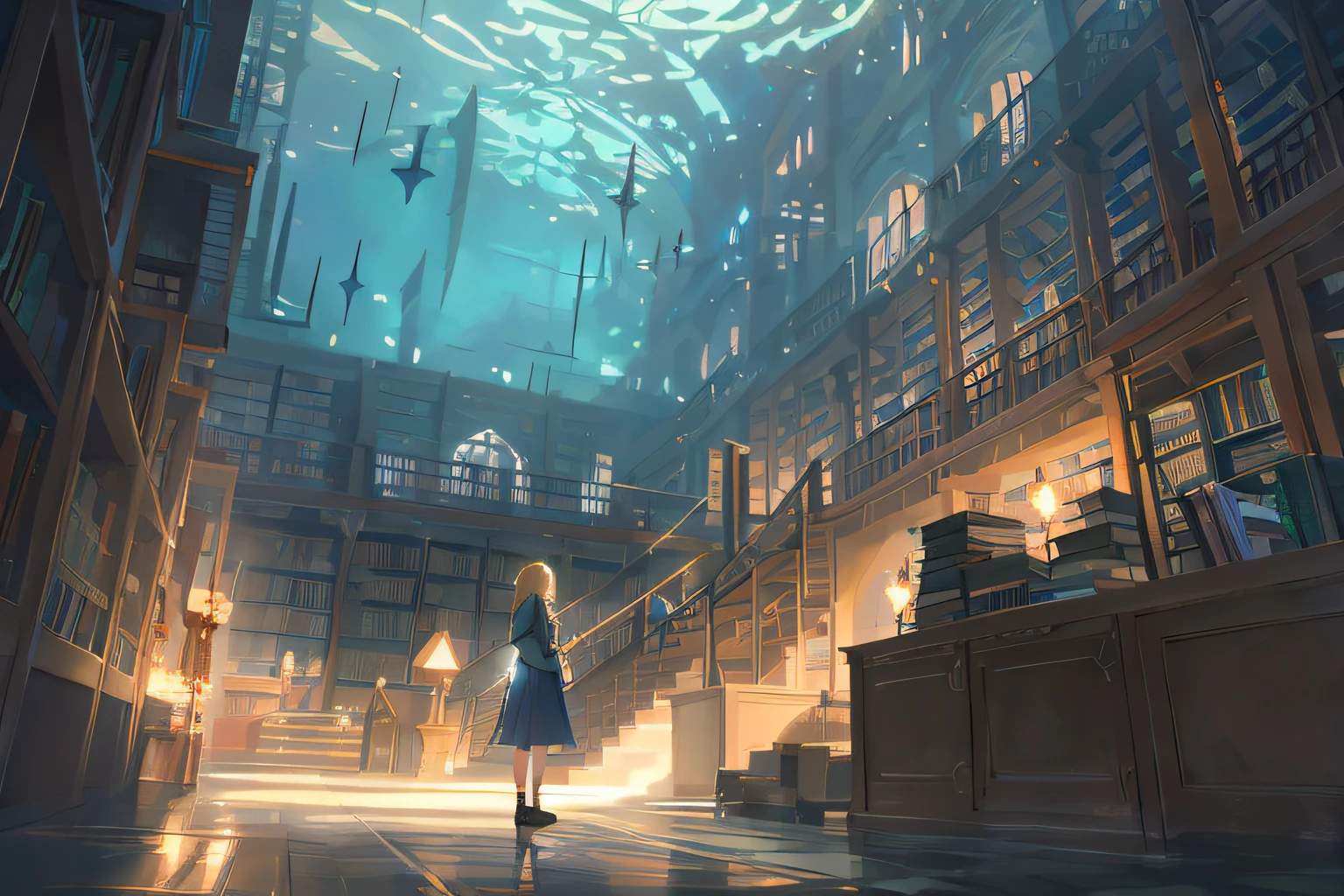 Anime scene of a woman in a library with a huge aquarium, library of ruina concept art, anime scenery concept art, Background of the Alchemist Library, beautiful anime scene, Anime Background Art, anime fantasy illustration, gothic epic library concept, by makoto shinkai, by makoto shinkai, Reflectors. by makoto shinkai, concept art stunning atmosphere