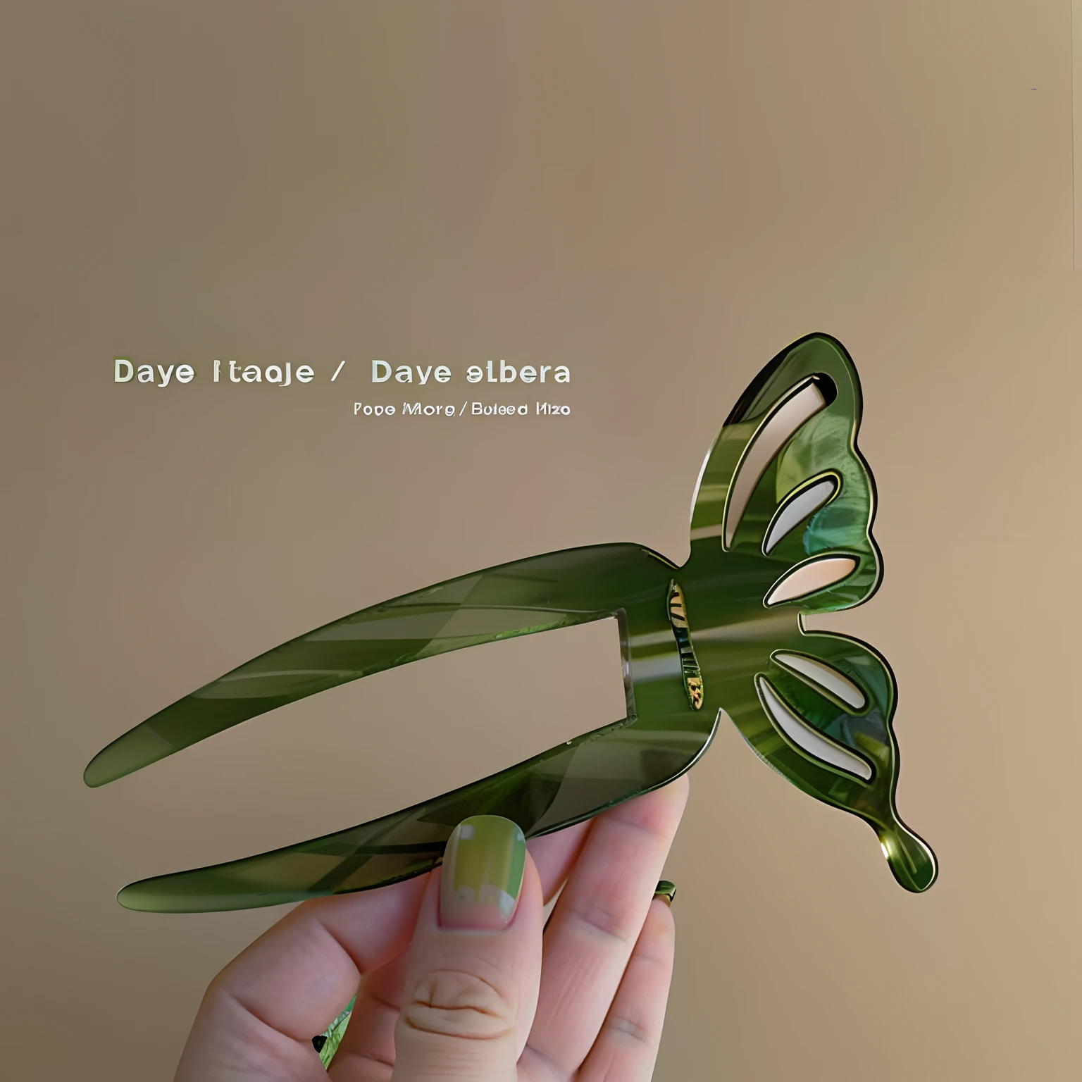 Someone is holding a green comb with a butterfly-shaped design, transparent marble butterfly, in style of davey adesida, dragonfly-shaped, 🦩🪐🐞👩🏻🦳, Transparent wings, Butterfly, greenish tinge, author:David Diao, straw, ayahausca, stained glass wings, Maya, Translucent wings