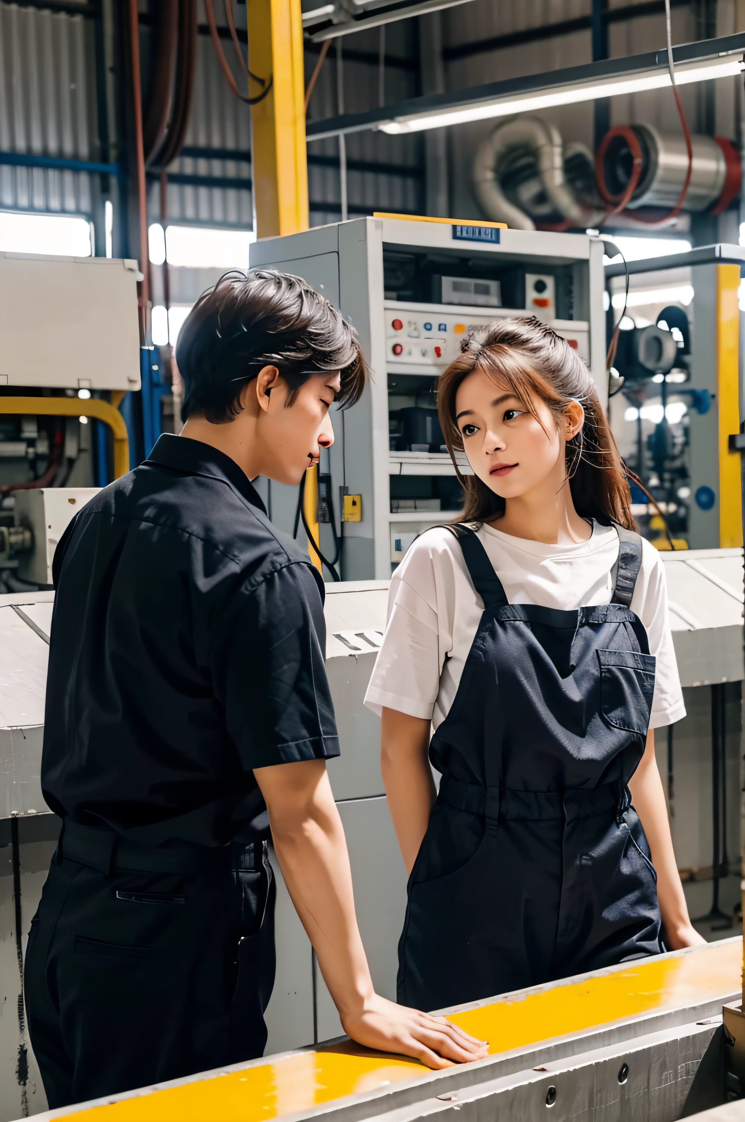 Male and beautiful female factory worker, in factory