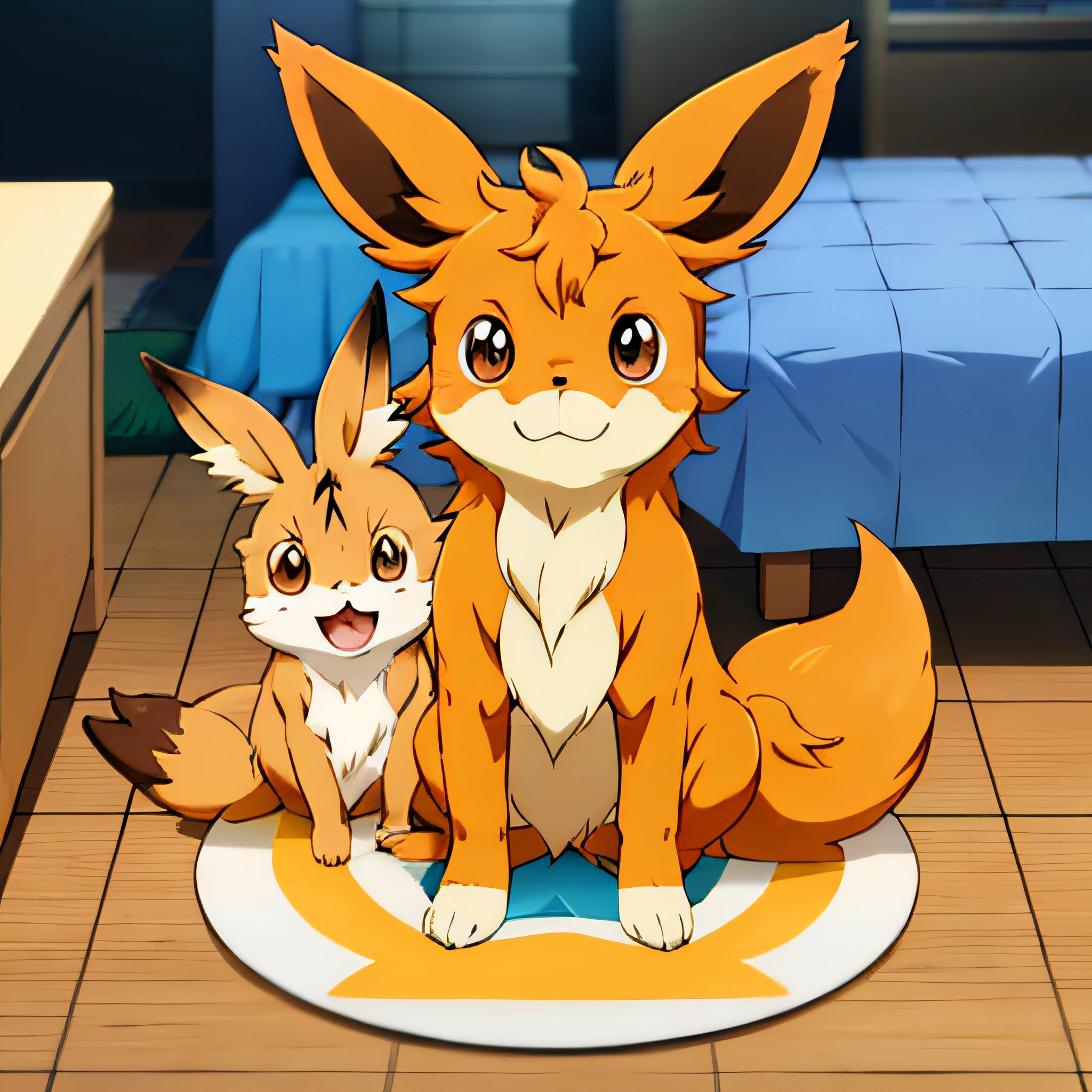 Pokémon sit on the floor with a lot of food, Eevee, similar to pokemon, Crystal Rough, style of cute pokemon, Mika Pikazo, the fox-like evolution pokemon, gelbooru anime image, new pokemon, shiny!!, illustration pokemon, bread type pokemon, blender eevee render, Melting in Jortheon, koda kazuma