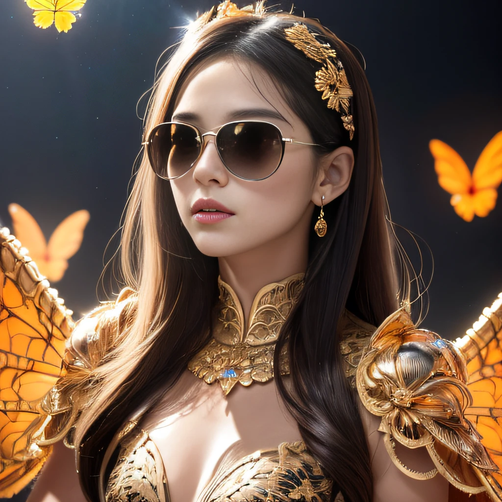 Openwork Halloween pumpkin style，transparent wings，Magic wand，Wear thick gold-framed reflective sunglasses，32K（tmasterpiece，k hd，hyper HD，32K）Light orange flowing hair，Silver skull jewelry area in the cave，Indigo Skull King ，Skeleton protector （The skeleton is realistic：1.4），Skull pattern robe，Silver skull flower ornaments，Petals flutter，The background of autumn is pure，Hold your head high，Be proud，The nostrils look at people， A high resolution， the detail， RAW photogr， Sharp Re， Nikon D850 Film Stock Photo by Jefferies Lee 4 Kodak Portra 400 Camera F1.6 shots, Rich colors, ultra-realistic vivid textures, Dramatic lighting, Unreal Engine Art Station Trend, cinestir 800，Hold your head high，Be proud，The nostrils look at people，Tsundere，Petals flutter，Petals flutter，Sprinkle with gold dust，Fluttering，Impeccable，( reasonable design, Clear lines, High sharpness,Best quality, Very detailed skeleton, The skeleton of a masterpiece, offcial art, movie light effect, 4K skeleton（（（Wear thick gold-framed reflective sunglasses）））