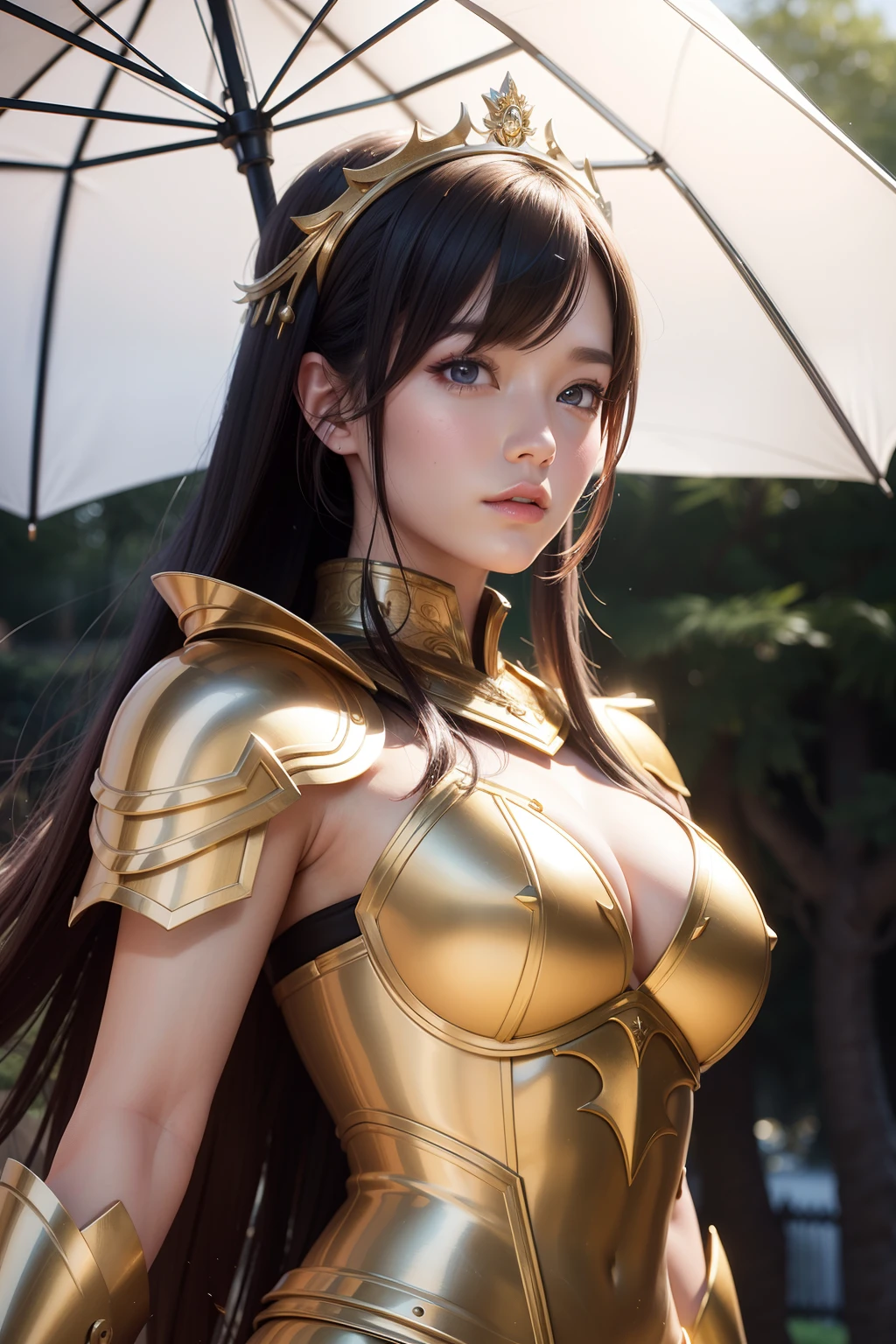 masterpiece, a close up of a girl in armor, artgerm and rossdraws, detailed beauty astonishing Finely highly dress, face and eyes, female actress from korea, valkyrie style character, beautiful gold saint, ranger, trending on artstartion, anime aesthetic, dreamy glow, pearly skin, long pink hair, dalcefo, nocopy, cinematic light, 8k, digital-art, Umbrella, ZBrush, Fantasy scene