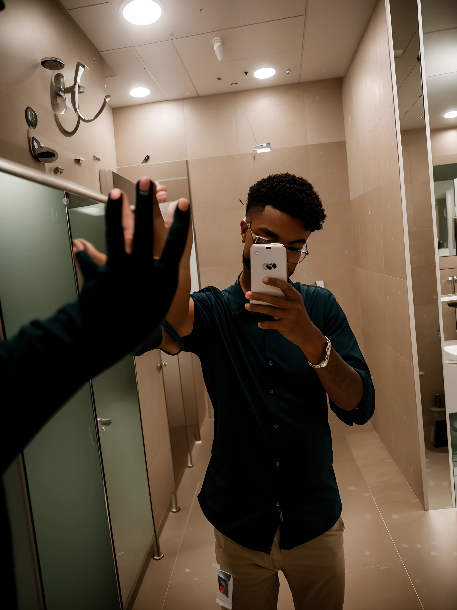 there is a man taking a selfie in a public restroom, angry at mirror, standing in front of a mirror, shot on canon eos r 5, shot on canon eos r5, taken with sony a7r camera, taken with sony alpha 9, shot with sony alpha 1 camera, wave a hand at the camera, mirror selfie