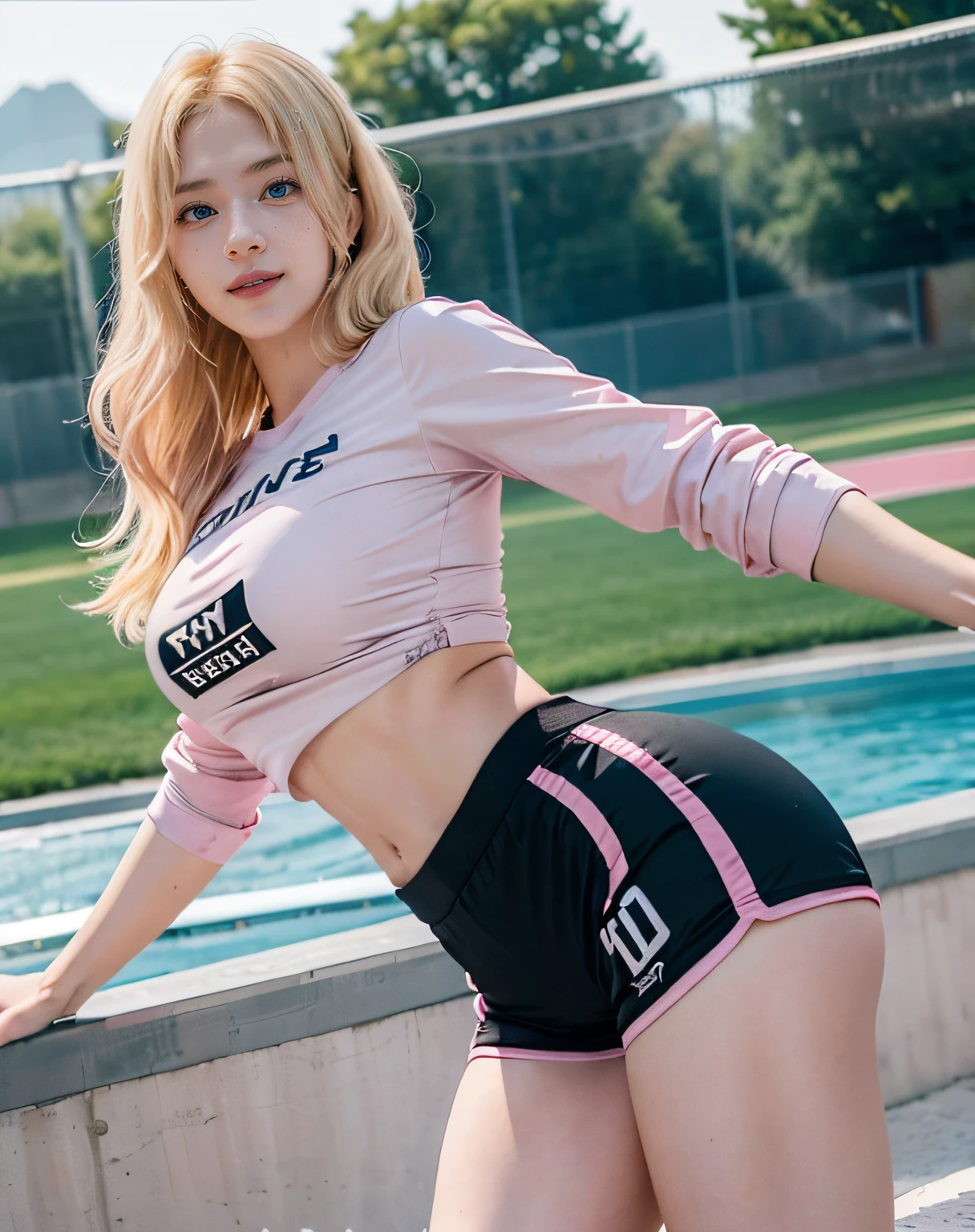 2girl, (Twins), Blue eyes, (smiling), (Sana Minatozaki), wide hips, Big Boobs, big ass, (Best Quality, 8k, Masterpiece: 1.3), perfect hands, Clear Focus: 1.2, Perfect Body Beauty: 1.4 , Slender Abs: 1.2, Highly detailed face and skin texture, detailed eyes, double eyelids, (blonde long hair), (sports top), (sports panties), standing, (next to her twin sister :1.3), view from back, in a gym, deep on field