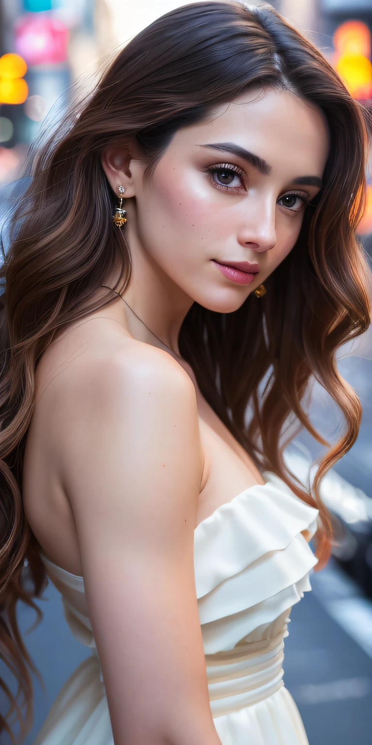 Full face portrait photo of a 25-year-old European girl, RAW, beautiful woman, semi-open strawberry lips, dimples, wistful look, (extra long wavy brown hair), ((detailed face)), ((detailed facial features)), (finely detailed skin), pale skin, (deep neckline detailed dress), new york city environment, (cool colors), reflections, (masterpiece) (perfect proportion)(realistic photo)(best quality) (detailed) shot on a Canon EOS R5, 50mm lens, F/2.8, HDR, (8k) (wallpaper) (cinematic lighting) (dramatic lighting) (sharp focus) (intricate),RAW photo, posing for camera, 8k uhd, dslr, high quality, grain film, Fujifilm XT3