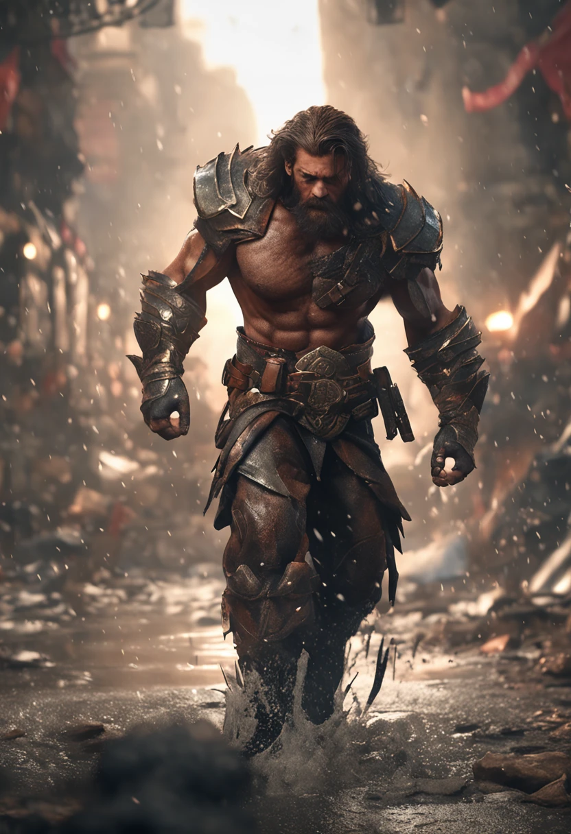 (Professional 3D Rendering:1.3) in the (Realistic:1.3) The most beautiful artwork photos in the world，Features soft and shiny male heroes, ((Epic Hero Fantasy Muscle ManRough Wet Hero Angry Long Hair Short Beard and Ferocious Expression in Dynamic Pose, fantastic location, majestic cluttered environment)), Full body 8K unity rendering, action SHOT, skin pore, Very dark lighting, Heavy shading, Detailed, Detailed face, (Vibrant, photos realistic, Realistic, Dramatic, Dark, Sharp Focus, 8K), (Old leather garments damaged by weathering:1.4), ((((Wear fur)))), (Convoluted:1.4), Decadent, (Highly detailed:1.4), Digital Painting, rendering by octane, art  stations, concept-art, Smooth, Sharp Focus, Illustration, Art Germ, (Roisch:0.23), Vlop Ilya Kuvshinov, Gregg Rutkowski and Alphonse Mucha Gracias, (Global Illumination, studio lights, volumettic light), Heavy rain, particles floating, lotr, Fantasy, elf, full body Esbian, ((Dark ancient city background:1.3)),CG Sessa,art  stations