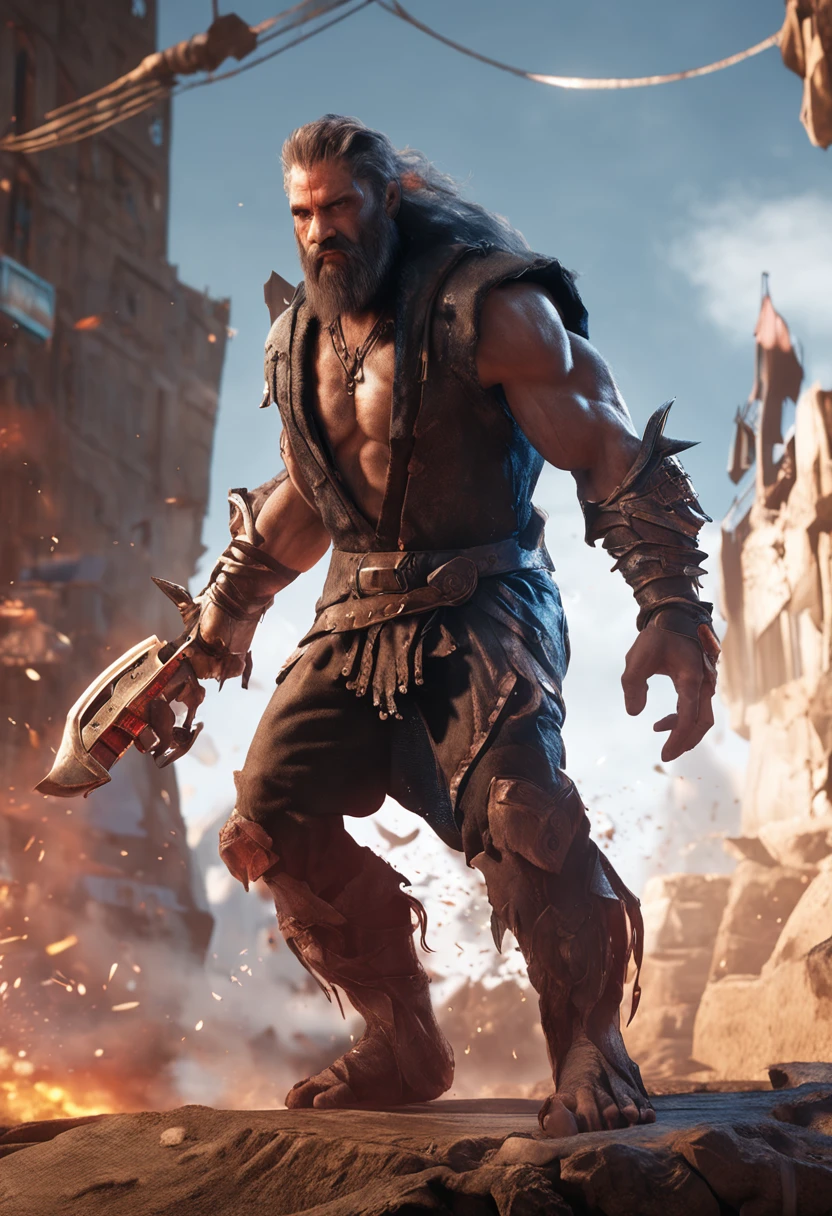 (Professional 3D Rendering:1.3) in the (Realistic:1.3) The most beautiful artwork photos in the world,Features soft and shiny male heroes, ((Epic Hero Fantasy Muscle ManRough Wet Hero Angry Long Hair Short Beard and Ferocious Expression in Dynamic Pose, fantastic location, majestic cluttered environment)), Full body 8K unity rendering, action SHOT, skin pore, Very dark lighting, Heavy shading, Detailed, Detailed face, (Vibrant, photos realistic, Realistic, Dramatic, Dark, Sharp Focus, 8K), (Old leather garments damaged by weathering:1.4), ((((Wear fur)))), (Convoluted:1.4), Decadent, (Highly detailed:1.4), Digital Painting, rendering by octane, art stations, concept-art, Smooth, Sharp Focus, Illustration, Art Germ, (Roisch:0.23), Vlop Ilya Kuvshinov, Gregg Rutkowski and Alphonse Mucha Gracias, (Global Illumination, studio lights, volumettic light), Heavy rain, particles floating, lotr, Fantasy, elf, full body Esbian, ((Dark ancient city background:1.3)),CG Sessa,art stations