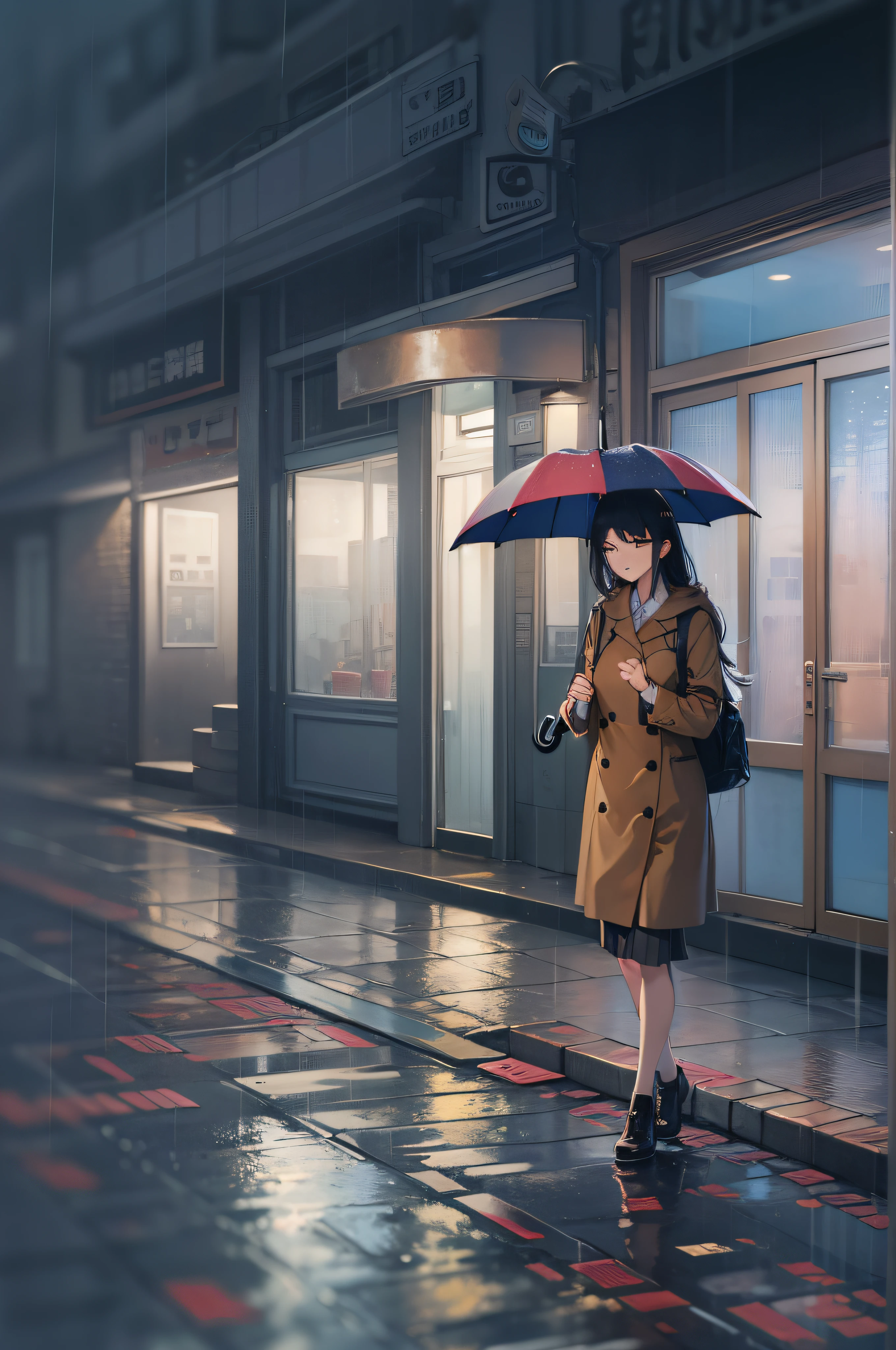 Holding an umbrella in the rain、After work、I'm a little tired、Woman Walking、back lighting、Studio Lighting