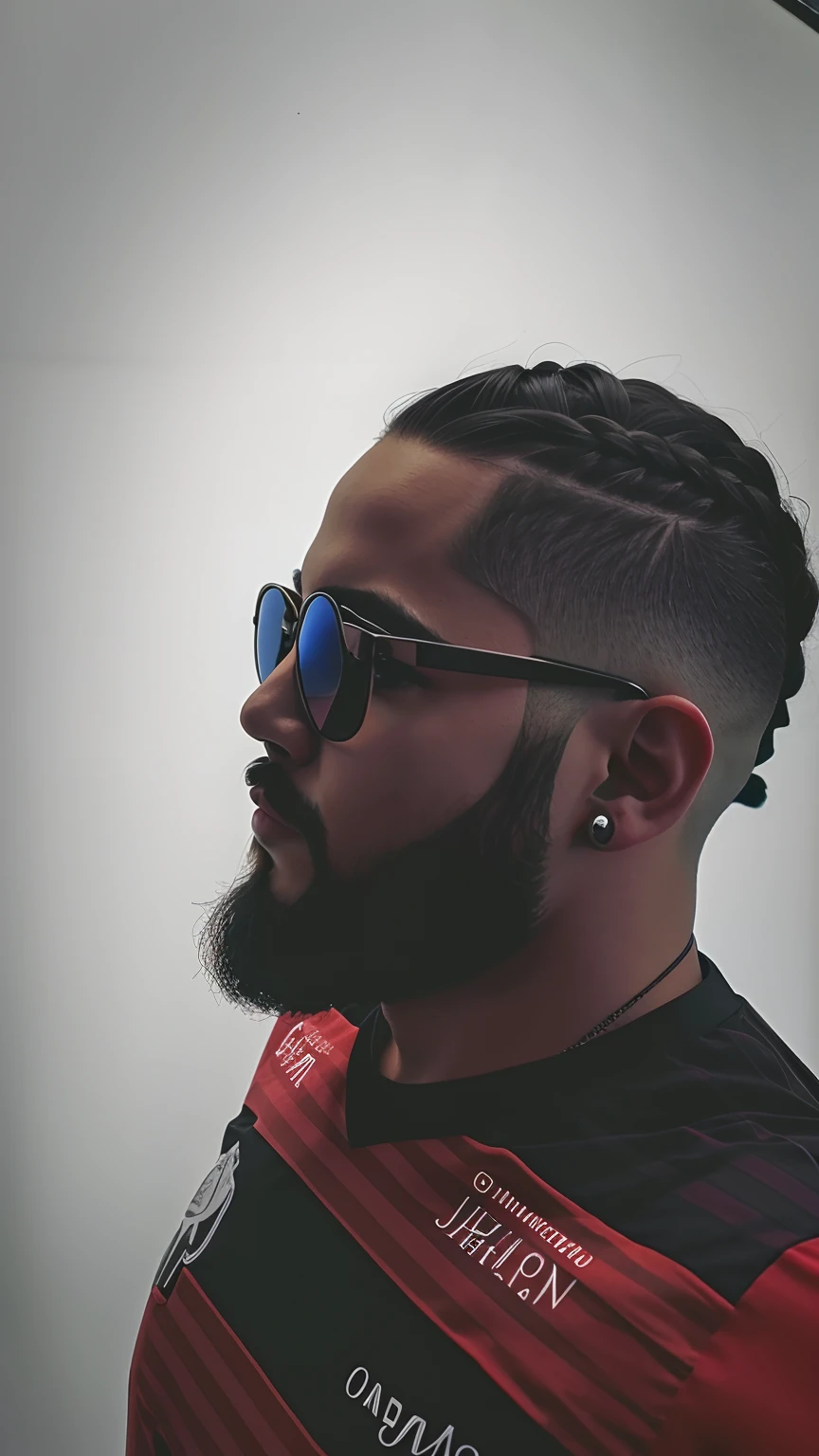 There's a man with a beard and sunglasses wearing a shirt, olhando para o lado, imagem de perfil, Foto de perfil, retrato de perfil lateral, olhando heckin legal e elegante, olhando de lado, Postagem no Reddit, braided beard, posou no perfil, retrato centrado no perfil lateral, corte de cabelo moicano, penteado moicano, Tiro com iPhone 1 0, olhar para o lado, perfil facial