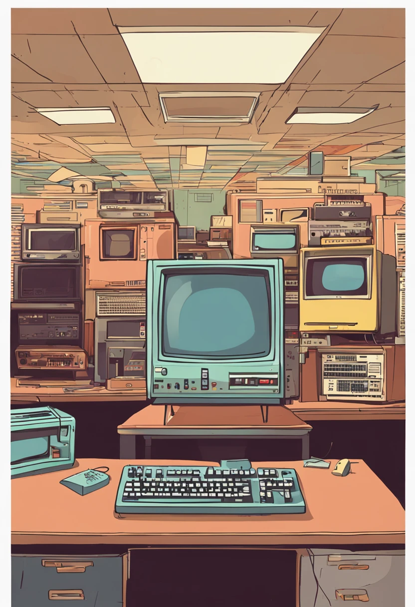 There is a small desk with a computer, teclado, and other electronic equipment, monitor de computador antigo, computador antigo, 1 9 8 0 s tecnologia, retro style and 1 9 8 0 s, background 1970s office, 1 9 8 0 s computadores, computadores antigos, 1 9 8 0 s analog video, computer aesthetic, baixa luminosidade, Dirty and messy environment