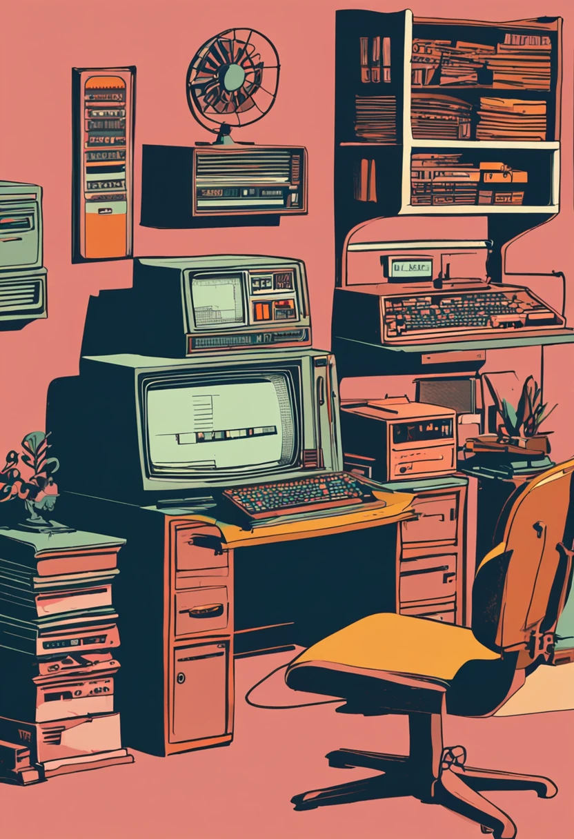 There is a small desk with a computer, teclado, and other electronic equipment, monitor de computador antigo, computador antigo, 1 9 8 0 s tecnologia, retro style and 1 9 8 0 s, background 1970s office, 1 9 8 0 s computadores, computadores antigos, 1 9 8 0 s analog video, computer aesthetic, baixa luminosidade, Dirty and messy environment