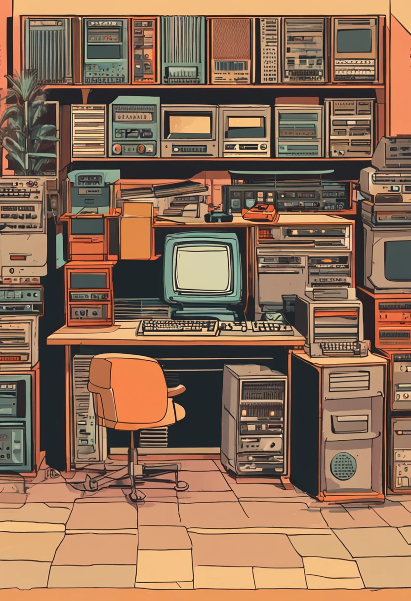 There is a small desk with a computer, teclado, and other electronic equipment, monitor de computador antigo, computador antigo, 1 9 8 0 s tecnologia, retro style and 1 9 8 0 s, background 1970s office, 1 9 8 0 s computadores, computadores antigos, 1 9 8 0 s analog video, computer aesthetic, baixa luminosidade, Dirty and messy environment