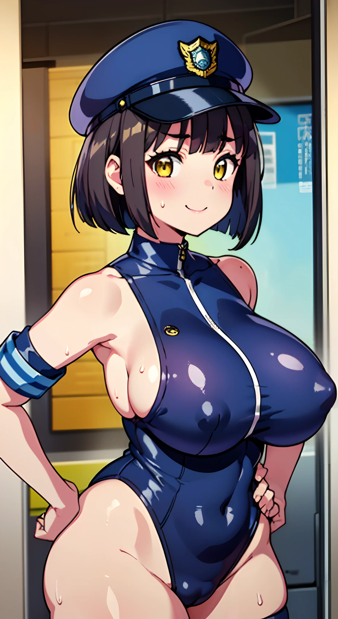 (Perfect body),Best Quality,(8K Portrait),(anime screen cap)、((Police Woman))、 srestrained,blush,Sweat,((large udder)) ,((puffy niples))、(Dark hair),((bob cuts))、Yellow eyes、Tied wrists,(thick thighs),((Navy Blue High Leg ))、adult  woman、((A smile))、Cowboy Shot、((Salute))、Left hand on hip、((Wink))、Sleeveless