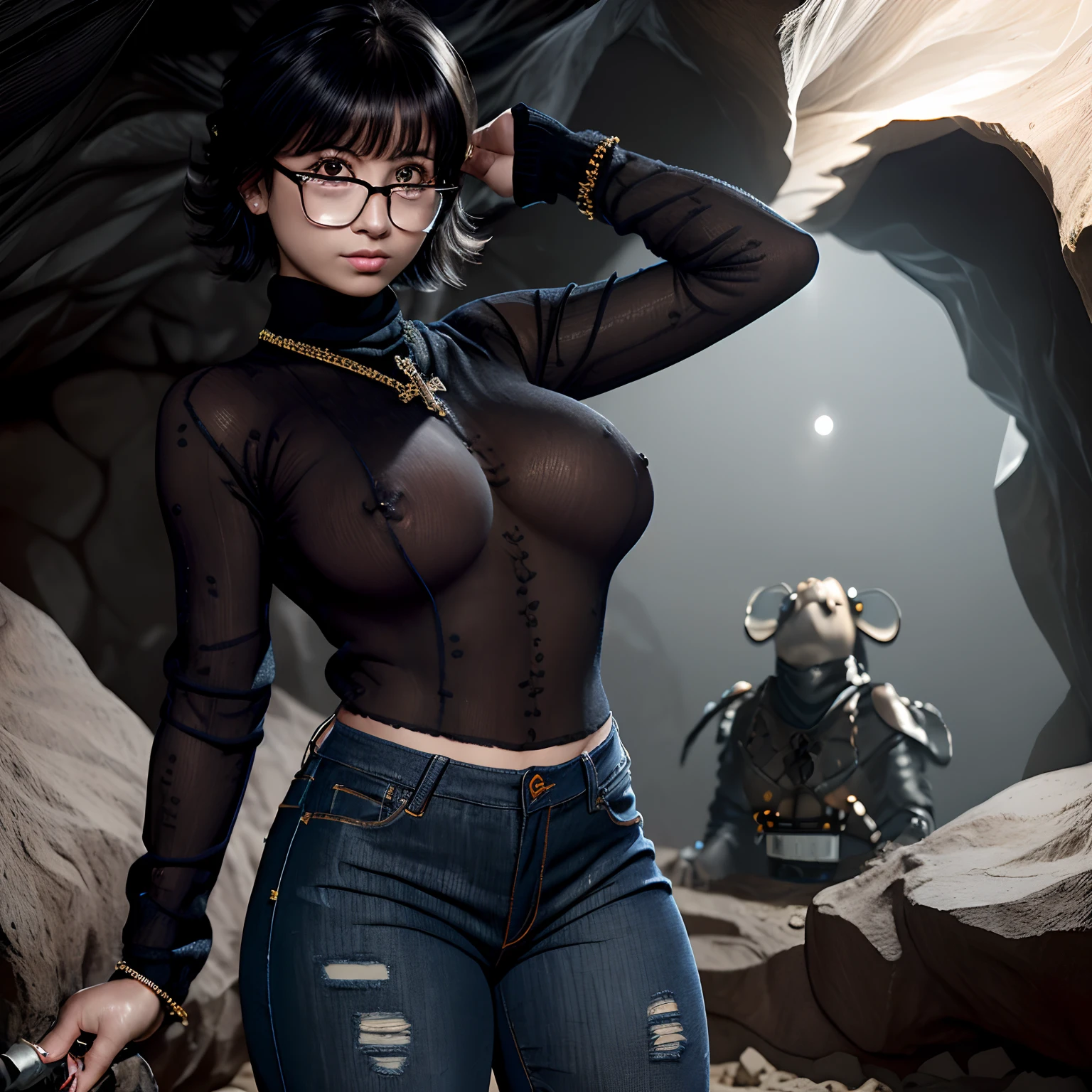 (masterpiece:1.1, best quality:1.1), cowboy shot, solo, 1girl, shizuku murasaki, expressionless, looking at viewer, detailed brown eyes, detailed face, (glasses:1.1, detailed black turtleneck sheer sweater:1.3, torn jeans pants:1.1, white panty:1.1, cross necklace:1.1, transparent realistic nipples under sheer sweater:1.5, she grab vacuum machine:1.25), (huge breasts:1.3), (in the realistic cave:1.15, dark atmosphere:1.55),