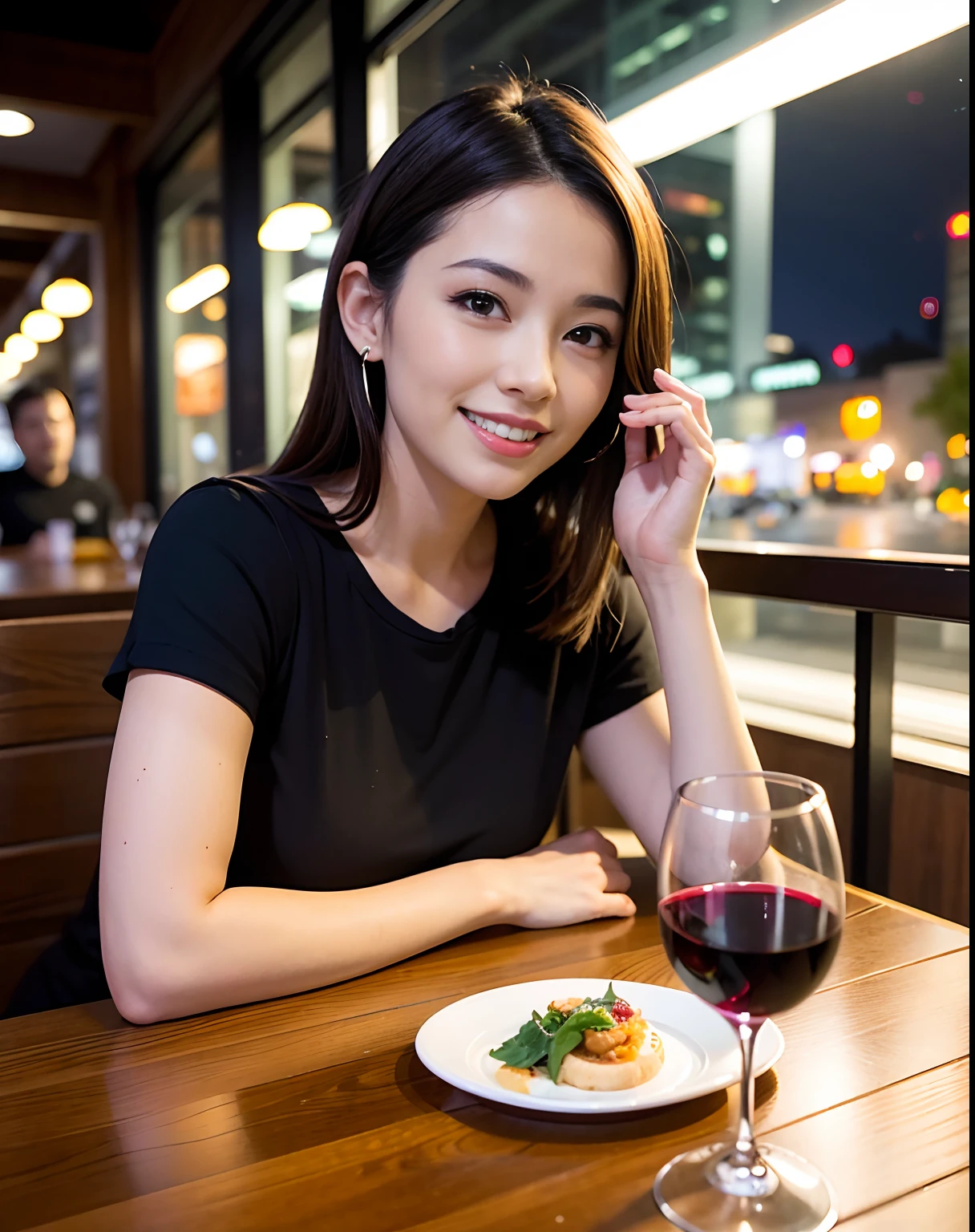 (64K, UHD, top quality, masterpiece: 1.2), (realistic, photorealistic: 1.37), super detailed, pretty woman 1 person, (slim face), (slim body), (brown hair), (short cut), cheeks slightly blushing, (44 years old), 38 years old, solo, beautiful detailed urban night view outside the window, restaurant, wine glasses sit, at night, in a prominent placeNovaFrogStyle, Actress, Model, Waist Up, White Wine, Slim, Wine Glass, Super Clean Night View, Wine Glass Put in the Middle, Happy Smile, (Smile: 1.15), Beautiful Fine Eyes, Upper Body, Bust Japan Up, Night, Short, Short, Actress, Model, Waist Up, White Wine, Slim, Wine Glass, Super Clean Night View, Wine Glass Put in the Middle, Happy Smile,