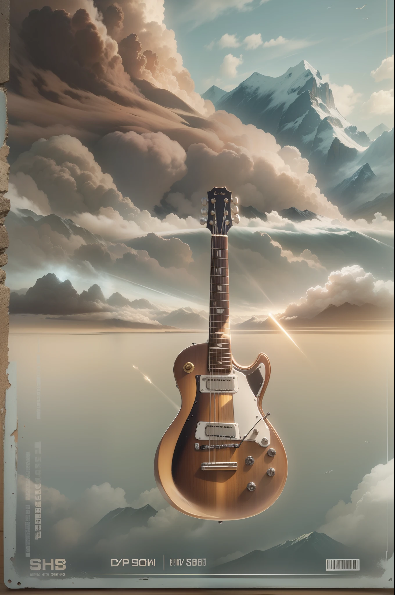 Distant mountains and sea of clouds simple atmospheric background, Music poster background, The picture is simple,There are various small musical elements on the front, There are guitars(Small guitar), There is a microphone, There are musical symbols, There are speakers, Gold textured musical symbols, There are strings, The texture of the various elements is clear, Clear texture, Movie poster style, Cinematic lighting, speed-line, god light, hyper HD, retinas, Masterpiece, ccurate, Anatomically correct, Textured skin, Super detail, High details, High quality, Award-Awarded, Best quality, A high resolution, 1080p, HD, 4K, 8K, 16k