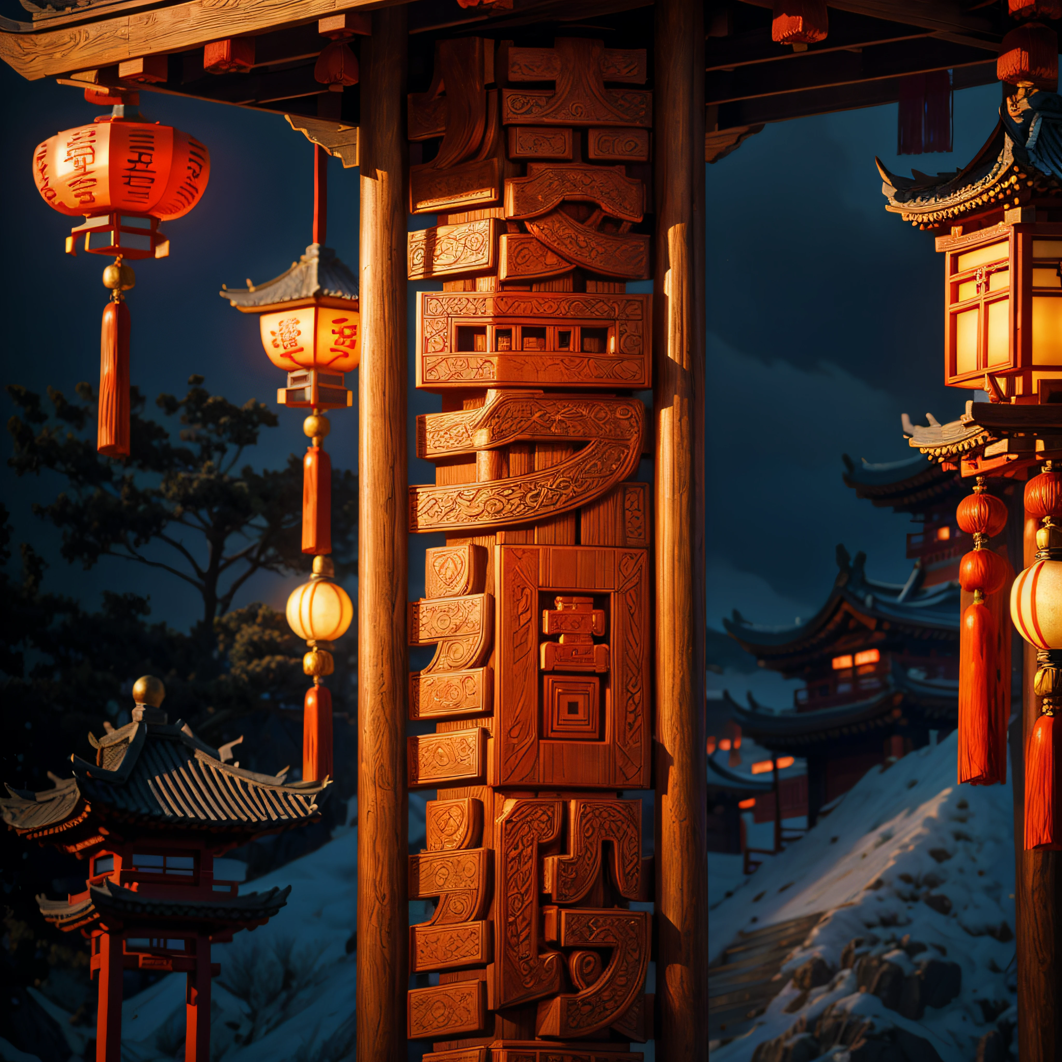 Silk is wrapped around the beams,Red silk,totem,Chinese architectural motifs,Delicate wood carving ,tmasterpiece,Best quality,ultra - detailed。