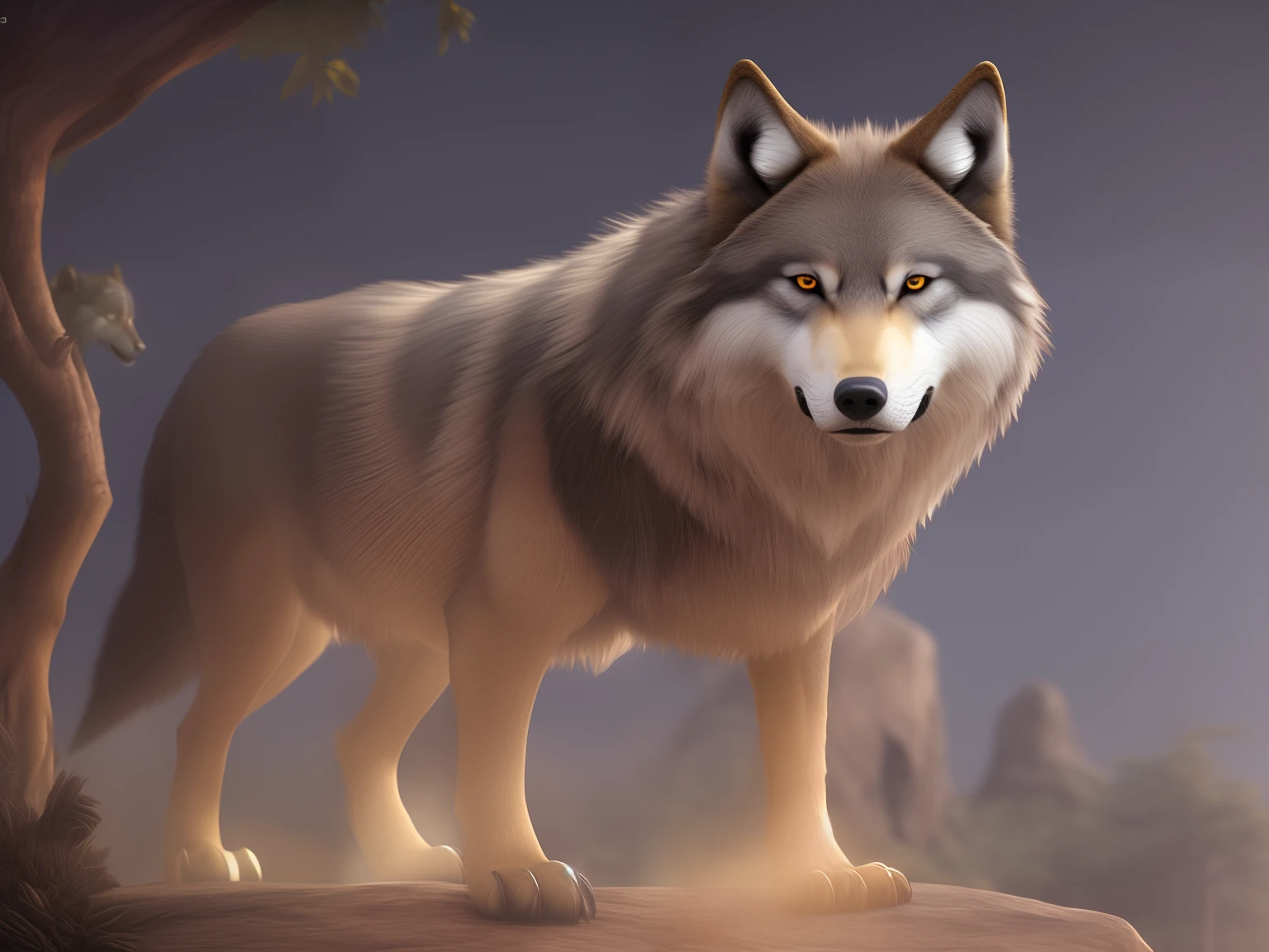 There is a wolf standing on a rock in the forest, lobo peludo, anthropomorphic wolf, realistic illustration, wolfgang lettl altamente detalhado, ultra realistic illustration, retrato do lobo da fantasia, dramatic cinematic detailed fur, anthropomorphic wolf male, companheiro lobo, an anthropomorphic wolf, grande lobo, female anthropomorphic wolf, altamente detalhado realista