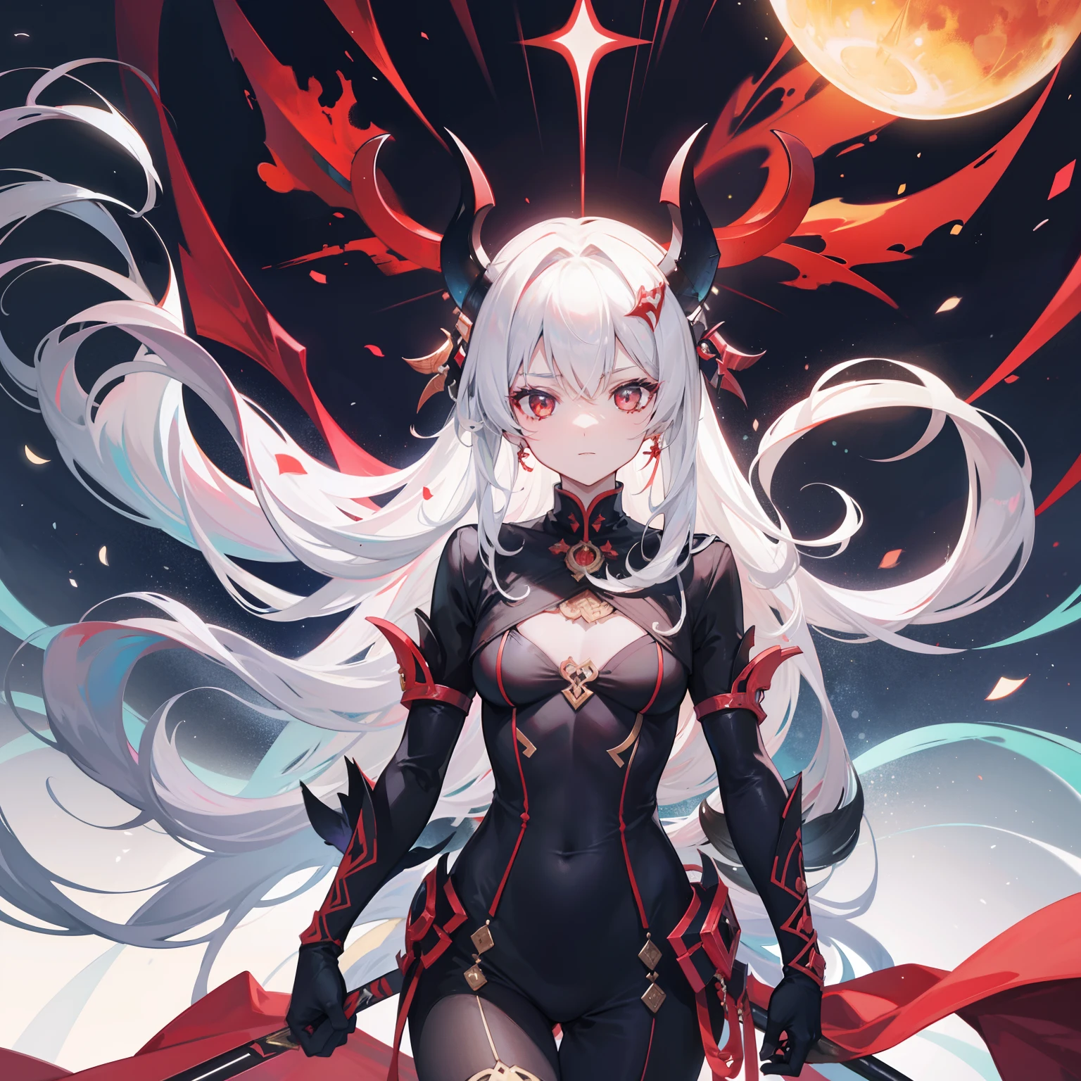 Girl , tall, long white hair , red glowing eyes ,huge ,small waist , thunder thighs,abs , big ass, black shorts ,black demon hoodie , dark Oni face mask, swinging katana , mountain backround , looking to viewer