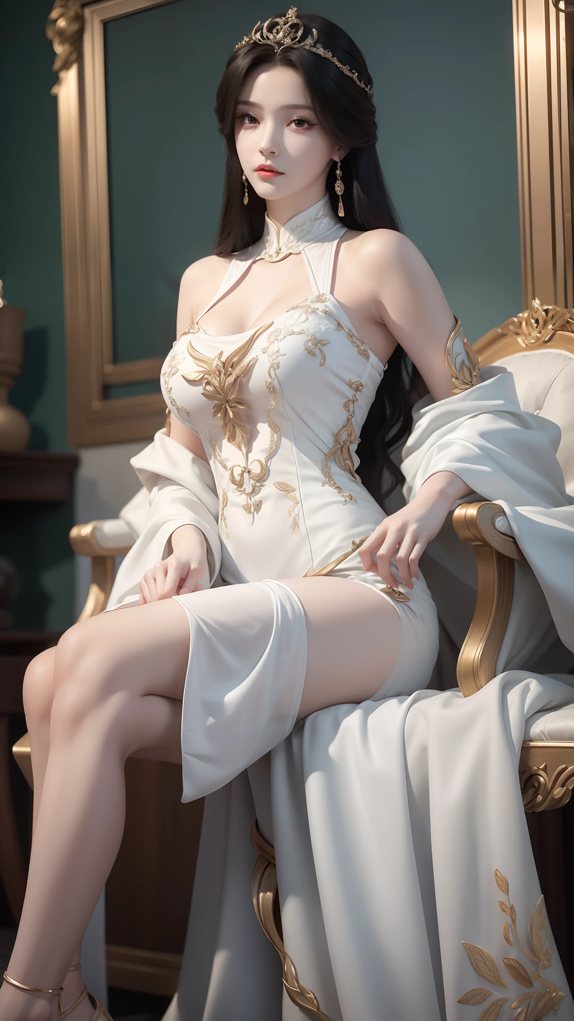 A beautiful girl in a long white dress, multiple layers of skirt, lying on a large bed, full body view, full body capture, barefoot, legs slightly raised, hands placed upwards on the bed, (best quality,4k,8k,highres,masterpiece:1.2),ultra-detailed,(realistic,photorealistic,photo-realistic:1.37),HDR,UHD,studio lighting,ultra-fine painting,sharp focus,physically-based rendering,extreme detail description,professional,vivid colors,bokeh,portrait