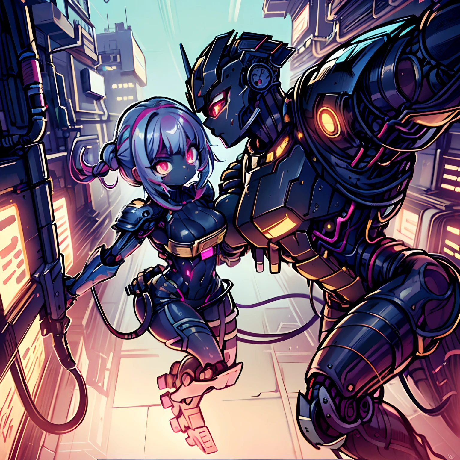 (Masterpiece:1.4), (hightquality:1.3),(top-quality:1.5),(hight resolution:1.5),Best Quality,Ultra-detailed,(2 girls in:1.3),Black skin,(Yuri:0.7),(from above:1.2),Beautiful lighting,Dynamic Angle,(Highest Quality:1.2),(High resolution:1.2), face,oppai lolirk-skinned girl and white-skinned girl:1.3),Yellow hair,Pink hair,(Green eyes:0.5),Red Eyes,(Blue eyes:0.3),Oil,Purple hair,Machine Girls,Mechanical Girl,Blurry background,Science fiction,(grin:0.3),Battle Girls,cyberpunked,Mechanical,cyborgs,Robot Girl,metalic,Machine,cyberpunked,city,Outdoors,Cityscape,neons,Colorful,