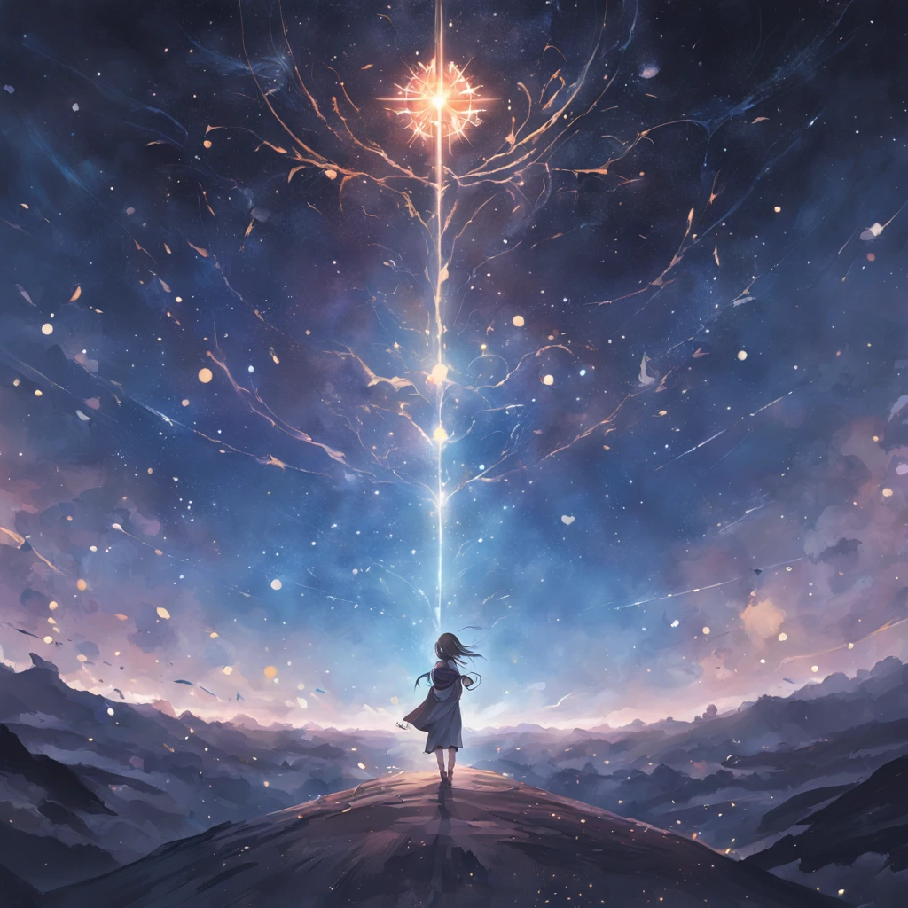starrysky,destiny,samsara,perplexed,hearken,Heart,illuminations,front walking,Brighter,wanting,Not alone,soul,prop up,arrival,Dawn I recommend including some key visual elements in the poster: -starry sky, Represents destiny and the universe - a compass or an arrow, Symbolizes guidance and direction - figures meditating or listening, Convey introspection - light generated through fog, Hint of hope and clarity - winding paths or trails leading to the bright horizon, For the journey and purpose - silhouettes of people supporting each other, For connecting and uniting - the sun rises, For a new beginning and dawn These visual elements with a color palette(Like night blue)The combination of, gold and purple, Can help convey information in a poetic and inspiring way. Kindly, If you have any other ideas or directions for the poster,Please let me know. I'm excited to help bring these ideas to life!