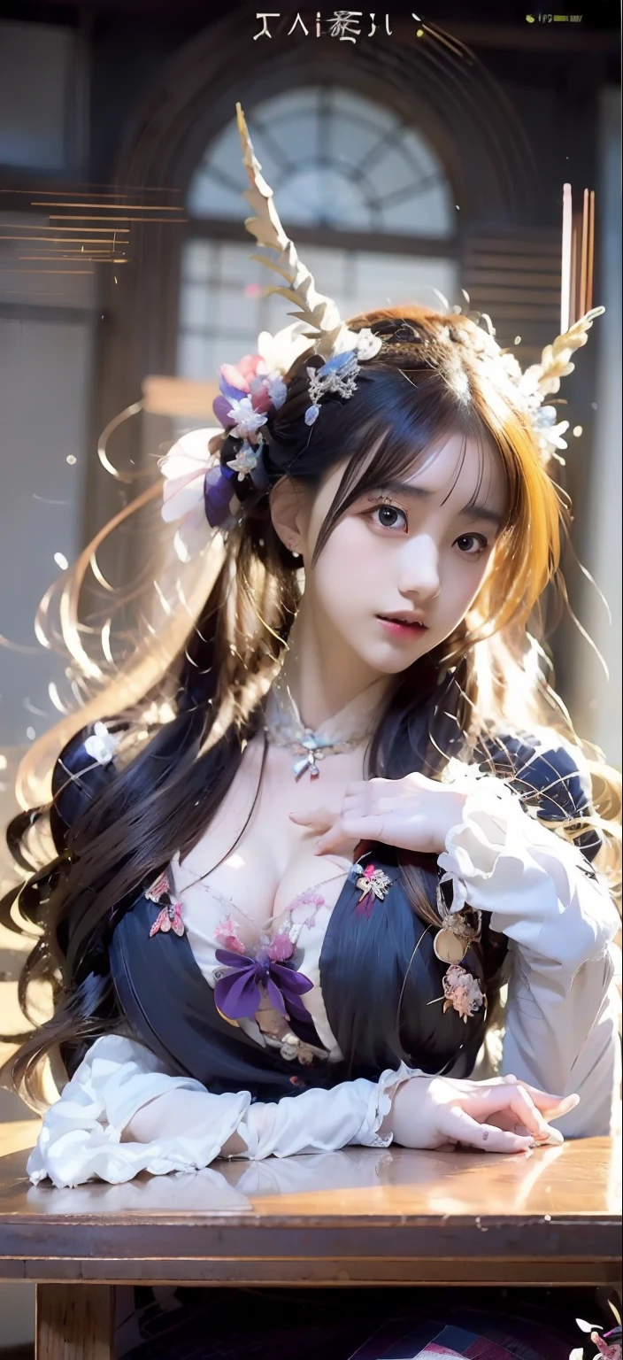 ((animemanga girl:1.2)sittinng on the desk),There are horns and purple dress,Keqing from Genshin Impact,sakimichan,Gorgeous Role Play,zhongli from genshin impact,((a beautiful fantasy empress)),sakimichan frank franzzeta,Beautiful celestial mage,Ayaka Genshin impact,8K octave rendering photos,Guviz
