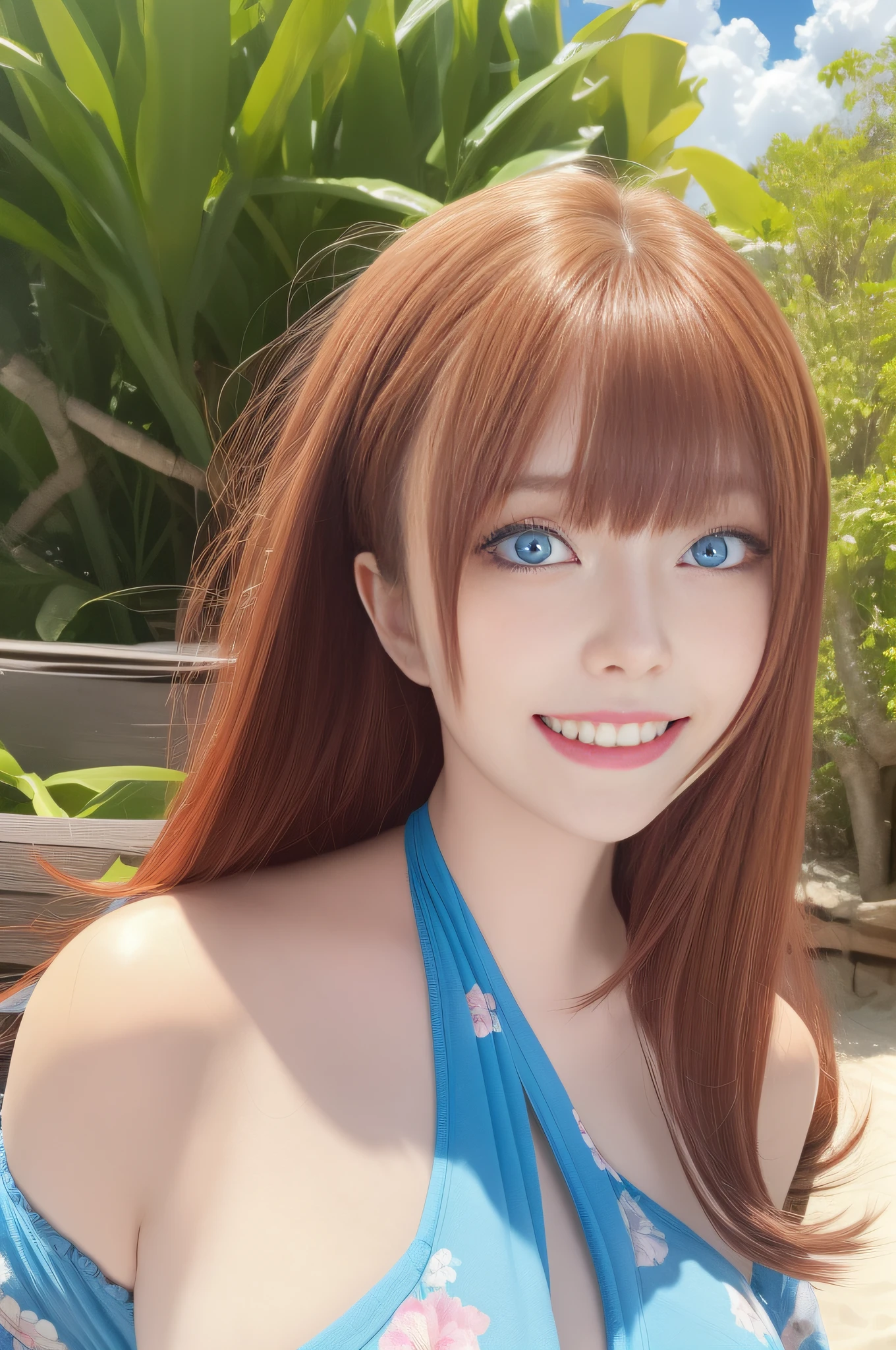 Best quality，tmasterpiece，1girll，red tinted hair，short detailed hair，eBlue eyes，shiny skins，sunflare，an award winning photograph, Wide angle photo of the beach, morningglow，Healthy body, closeup cleavage, with dynamism, Photorealistic, Realistic, Dramatic, Dark, Sharp focus, 8K，20yr old，fully body photo（top-quality，8K，tmasterpiece：1.3），Sharp focus：1.2，Beautiful Women in Perfect Figure：1.4，The abdomen is slender：1.2，（Layered Hair Style，：1.2），Large breasts 1.3，Light blue floral one-piece swimsuit，（distance：1.2），Moist body：1.1，Get out of the water，Very delicate face and skin texture，Detailed eyes，二重まぶた，Raised sexy，marron marron，Real skin，Real eyebrows，Blue eyeballs，perfect proportion of body，knelt on the beach，Open your legs，Exercise posture，looking at viewert，Happy laughter