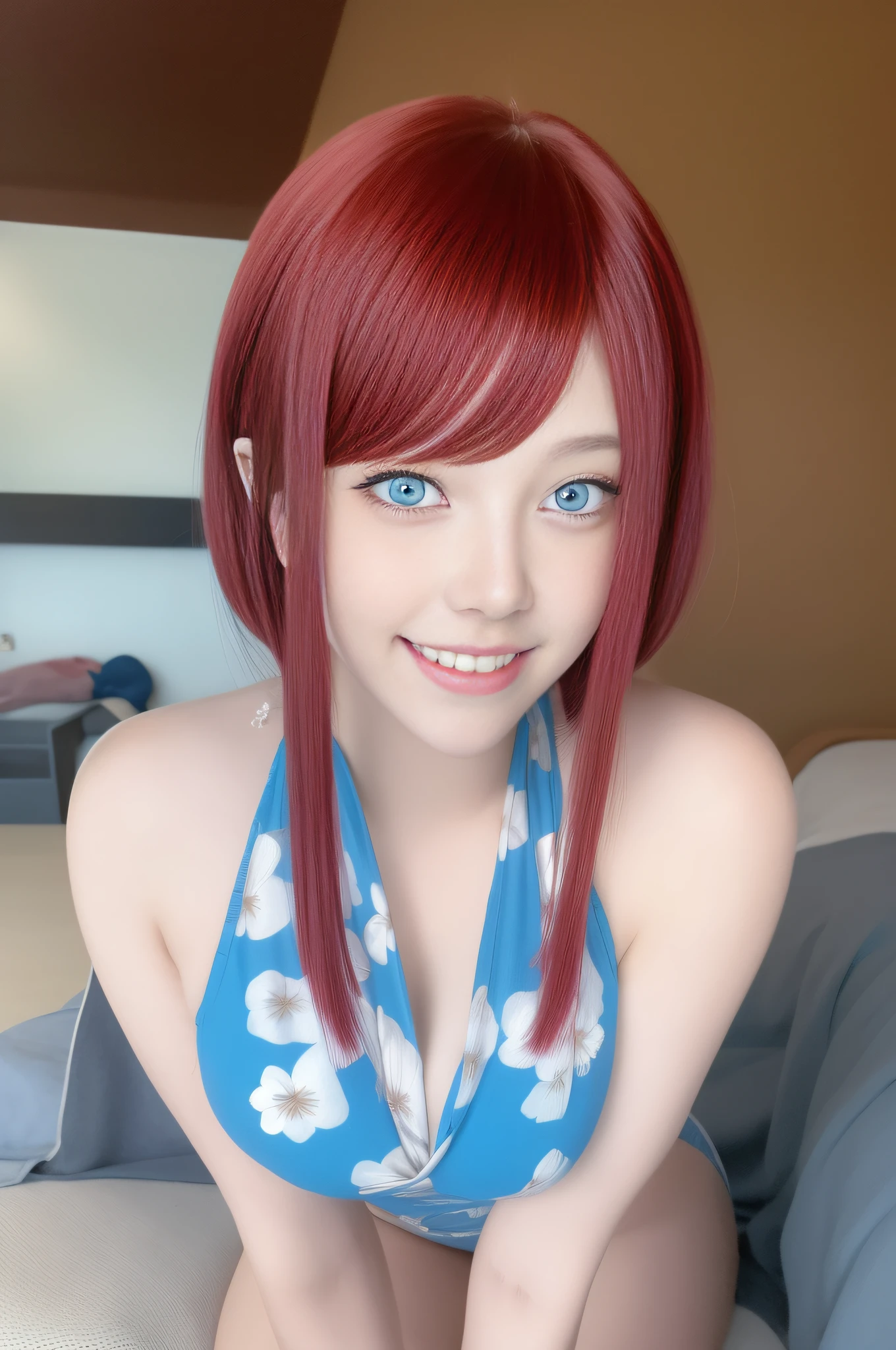 Best quality,tmasterpiece,1girll,red tinted hair,short detailed hair,eBlue eyes,shiny skins,sunflare,an award winning photograph, Wide angle photo of the beach, morningglow,Healthy body, closeup cleavage, with dynamism, Photorealistic, Realistic, Dramatic, Dark, Sharp focus, 8K,20yr old,fully body photo(top-quality,8K,tmasterpiece:1.3),Sharp focus:1.2,Beautiful Women in Perfect Figure:1.4,The abdomen is slender:1.2,(Layered Hair Style,:1.2),Large breasts 1.3,Light blue floral one-piece swimsuit,(distance:1.2),Moist body:1.1,Get out of the water,Very delicate face and skin texture,Detailed eyes,二重まぶた,Raised sexy,marron marron,Real skin,Real eyebrows,Blue eyeballs,perfect proportion of body,knelt on the beach,Open your legs,Exercise posture,looking at viewert,Happy laughter