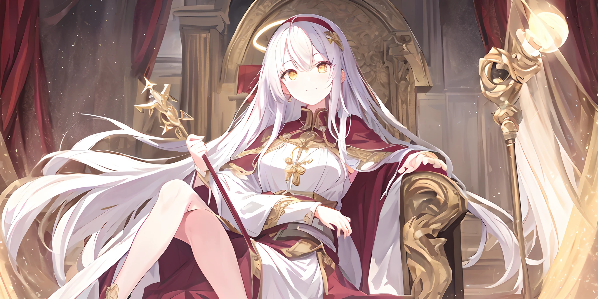 Pope all over the body,Poor milk,On the scepter,seated on a throne,((A big, Light white robe,The pattern is complex)),red shawl(1个Giant Breast Girl),(独奏),(cute anime face),Gold eyes,long white hair,ssmile,The halo,(Sit on a low throne),In a magnificent castle,A high resolution