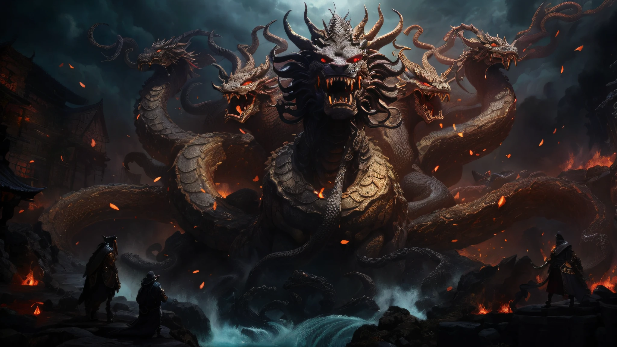Arafard's image,A giant monster with horns and a man standing in front of it, the hydra from path of exile, Symmetrical epic fantasy art, Eight-headed snake, chinese dragon concept art, Hydra, epic fantasy digital art, Epic fantasy digital art style, epic fantasy artwork, naga-tirr, jörmungandr, big long hell serpent octopus