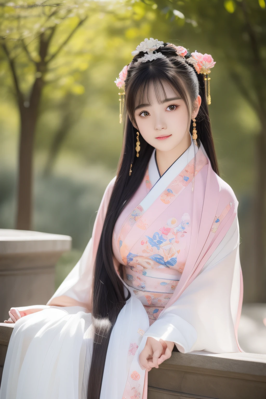 masterpiece,Master Works,best quality,extremely detailed CG,8k wallpaper,beautiful detailed girl,Long shot,Defined 'real' light source,Outdoor,1girl,solo,smile,perfect female figure,Real photos,Long hair,Hanfu,Chinese Apparel,(colorful:1.3),upper body,Look to the reader,Realistic,(Huge bust:1.2),