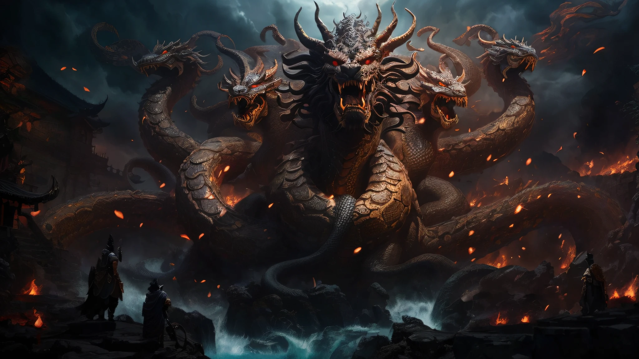Arafard's image，A giant monster with horns and a man standing in front of it, the hydra from path of exile, Symmetrical epic fantasy art, Eight-headed snake, chinese dragon concept art, Hydra, epic fantasy digital art, Epic fantasy digital art style, epic fantasy artwork, naga-tirr, jörmungandr, big long hell serpent octopus