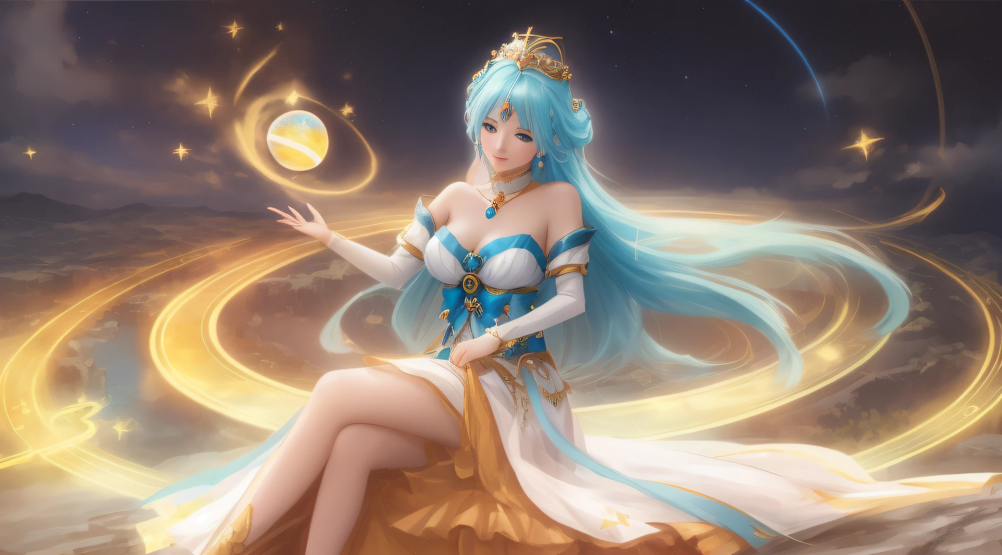 Anime girl with blue hair sitting on a rock，There is a glowing sphere, Beautiful celestial mage, goddess of galaxies, celestial goddess, a beautiful fantasy empress, IG model | Art germ, ! Dream art germ, Anime goddess, Art germ on ArtStation Pixiv, Portrait Chevaliers du Zodiaque Fille, art-style, ((a beautiful fantasy empress))